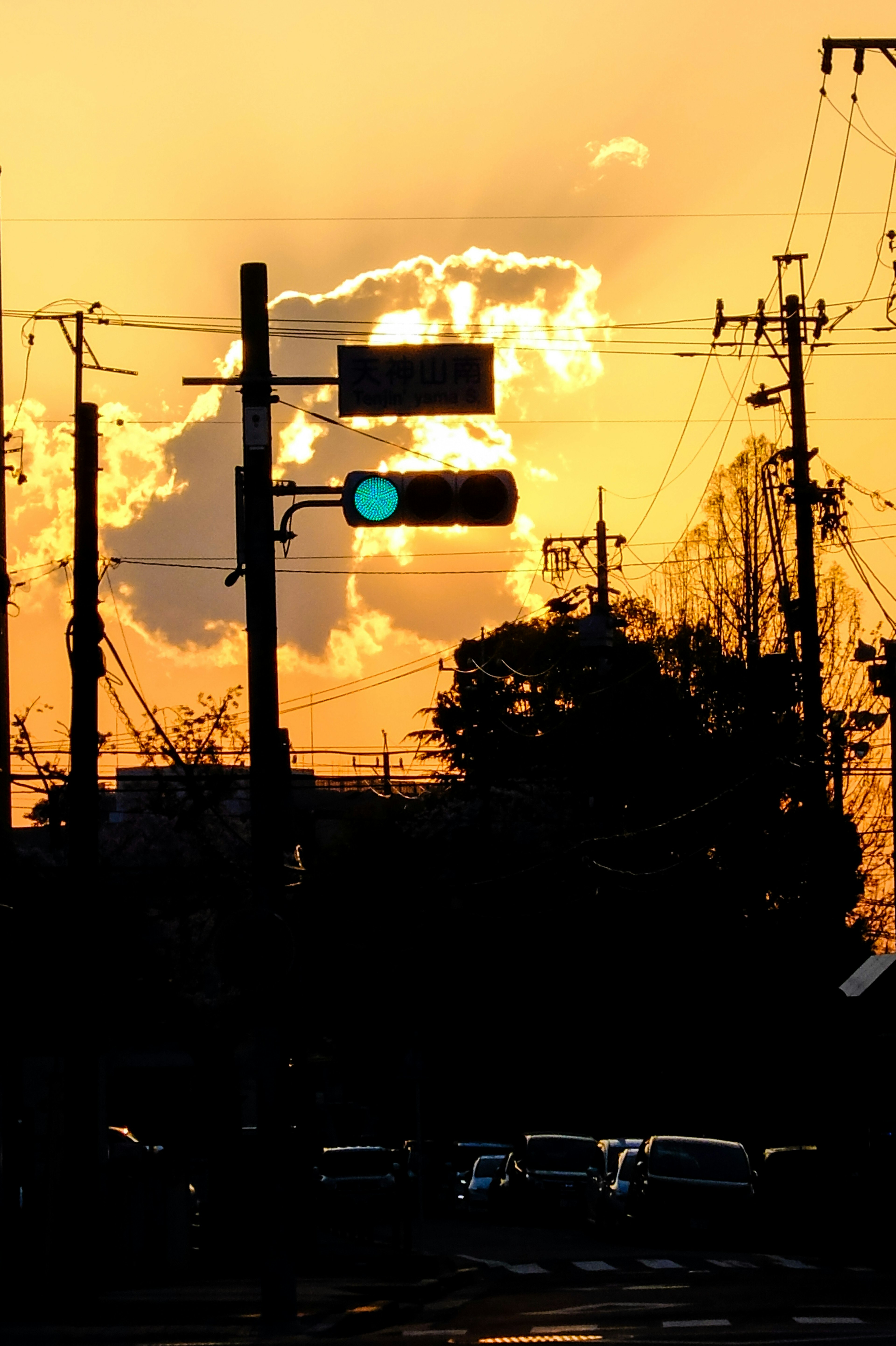 夕焼けの中に浮かぶ信号機と電柱のシルエット