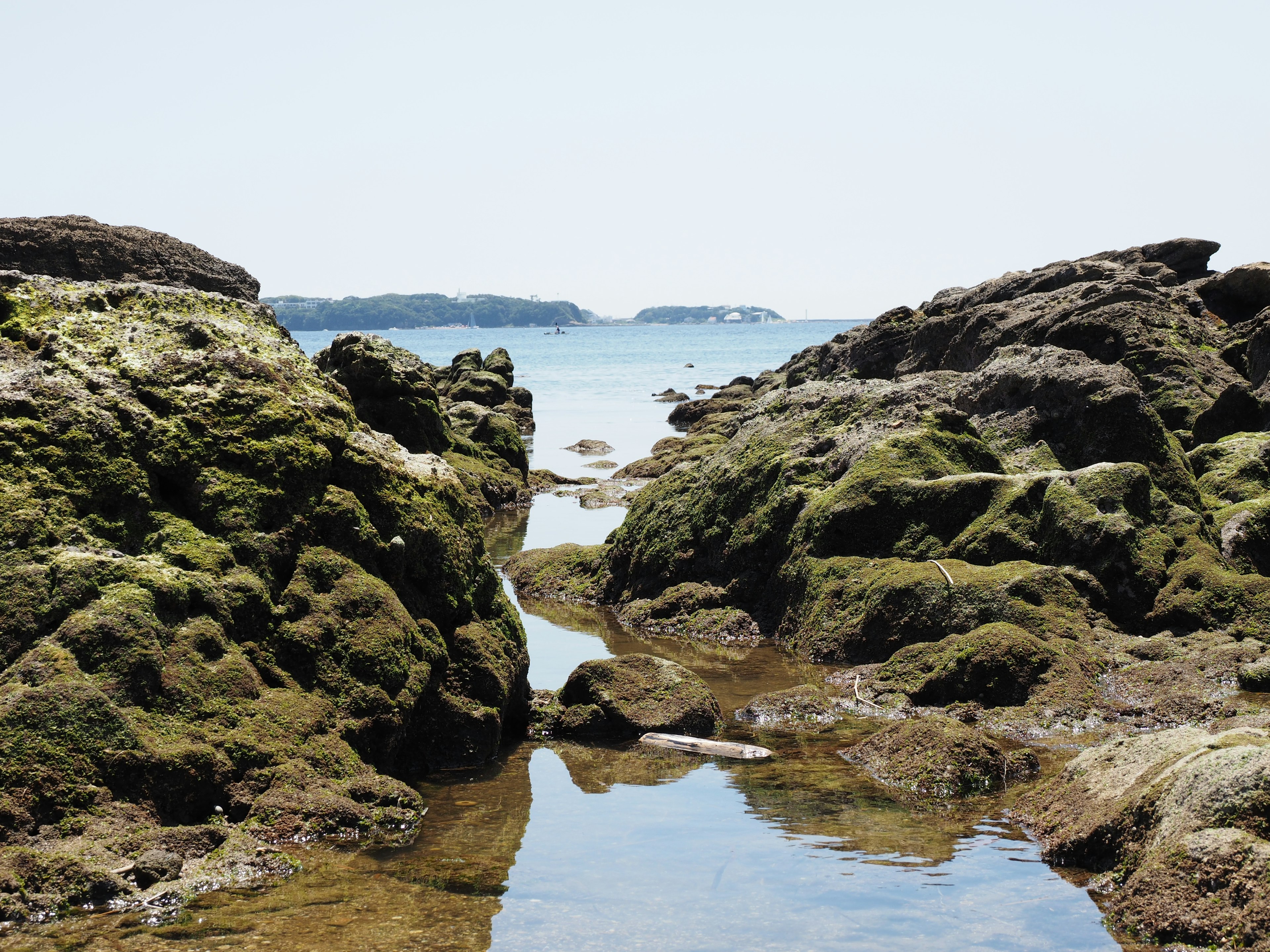 Küstenansicht zwischen moosbedeckten Felsen mit ruhiger See im Hintergrund