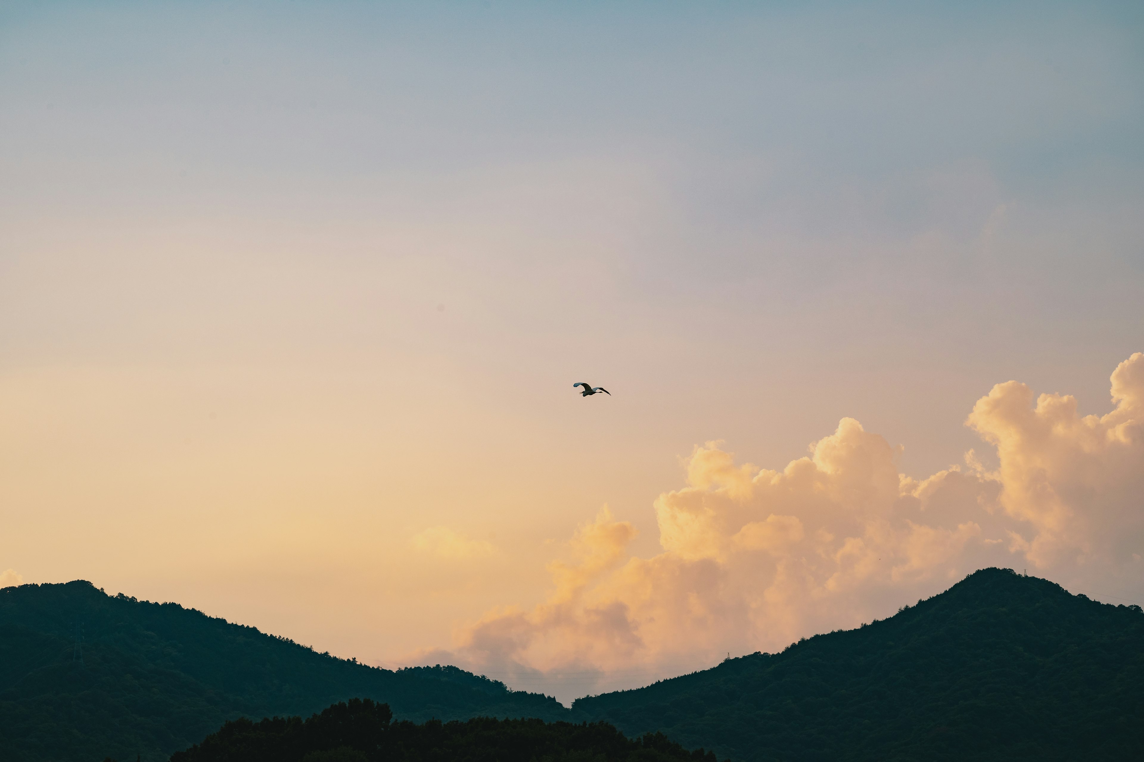 山の上空を飛ぶドローンと夕焼けの空