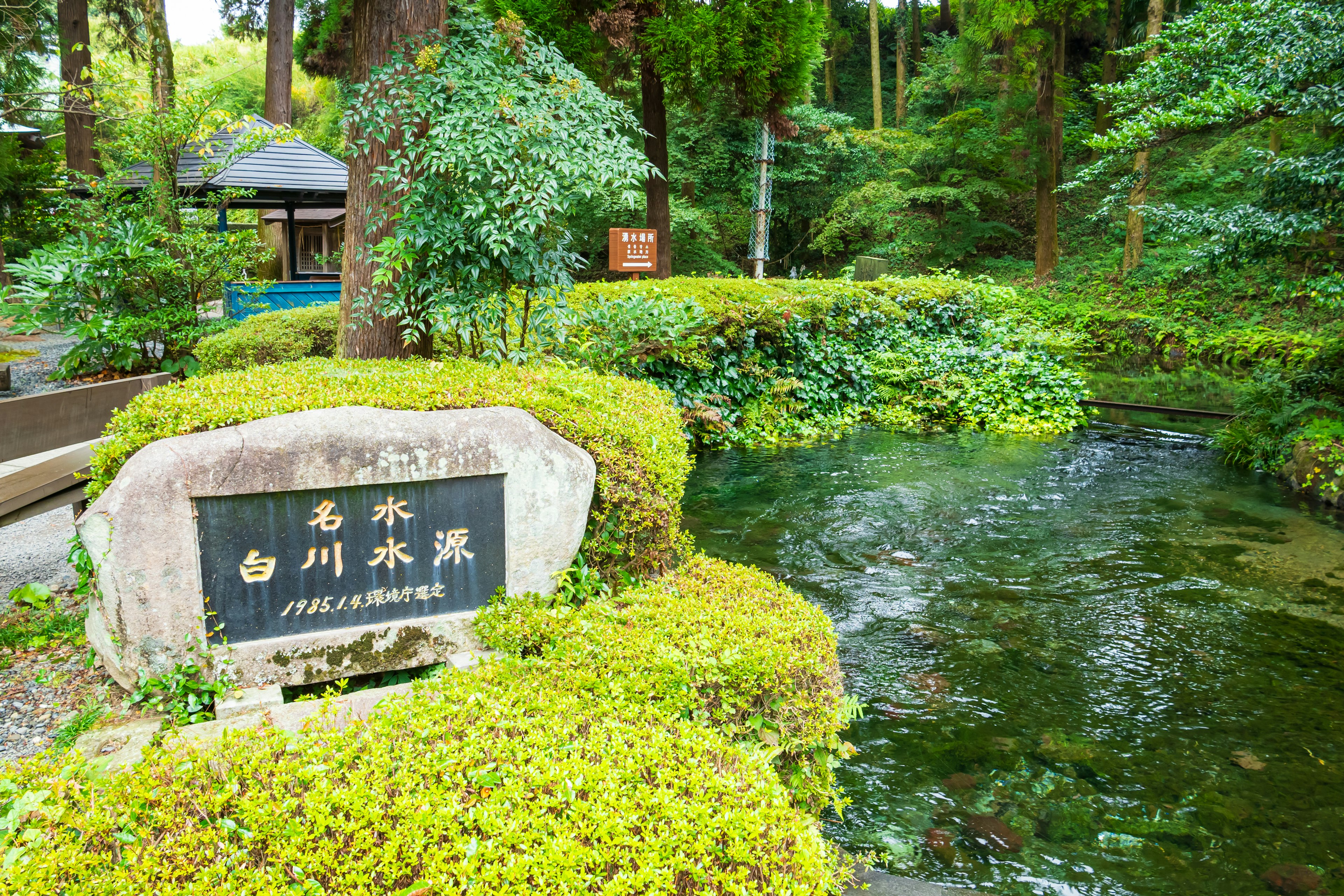 美しい庭園の池と看板がある風景