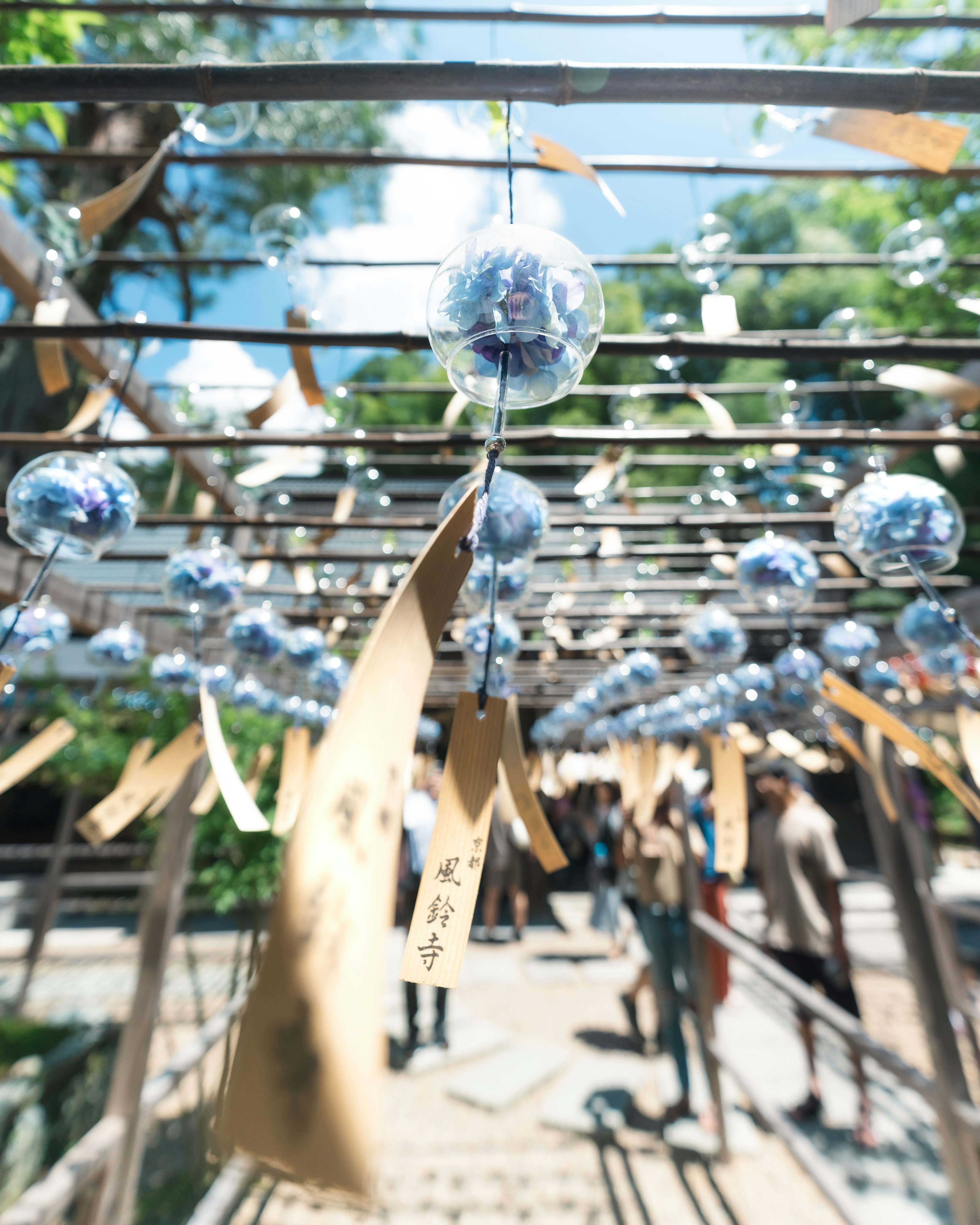 A scenic view of wind chimes and wish strips hanging under a blue sky