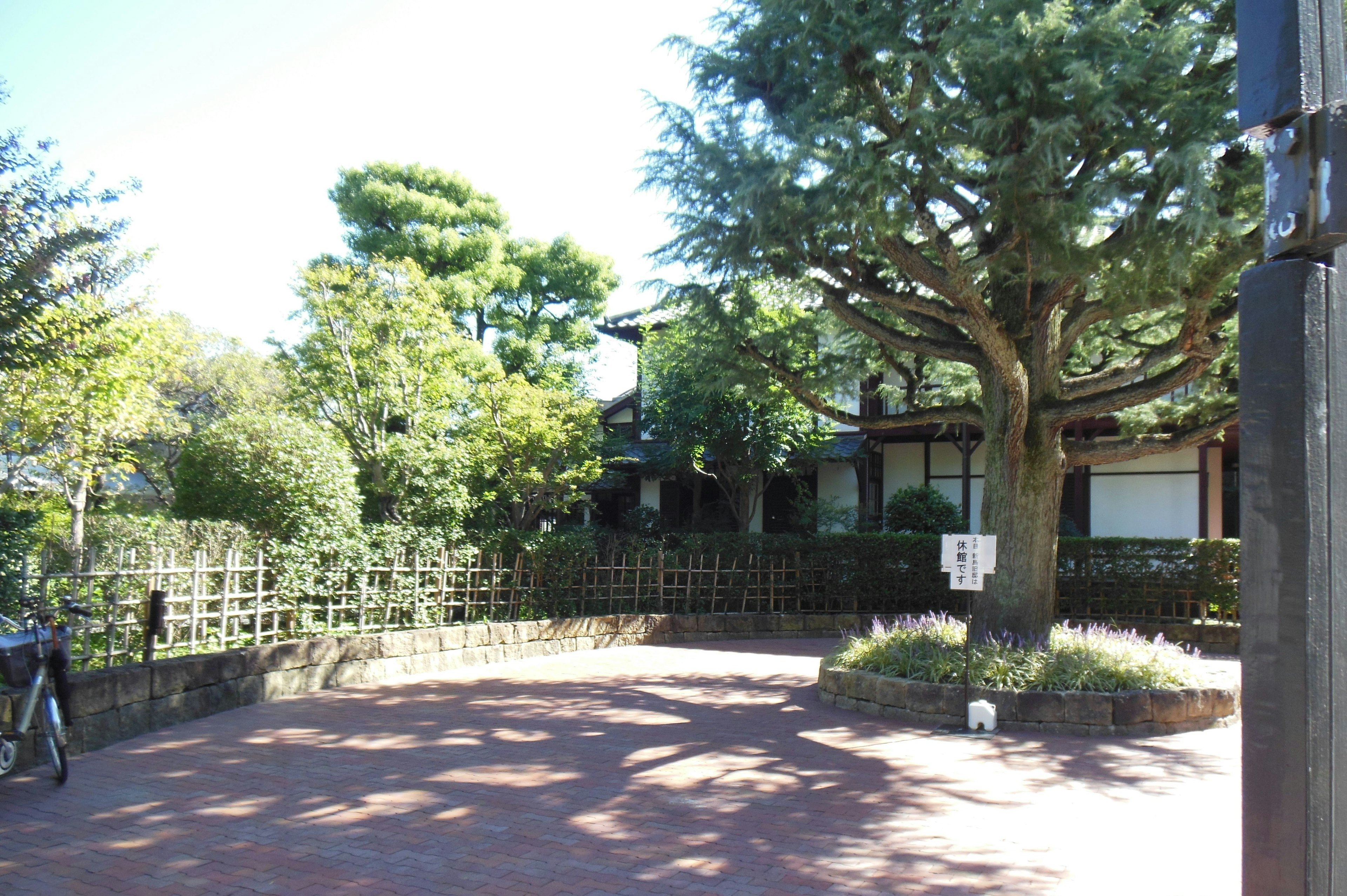 Eine malerische Ansicht eines traditionellen japanischen Hauses mit einem großen Baum und einem geräumigen Garten