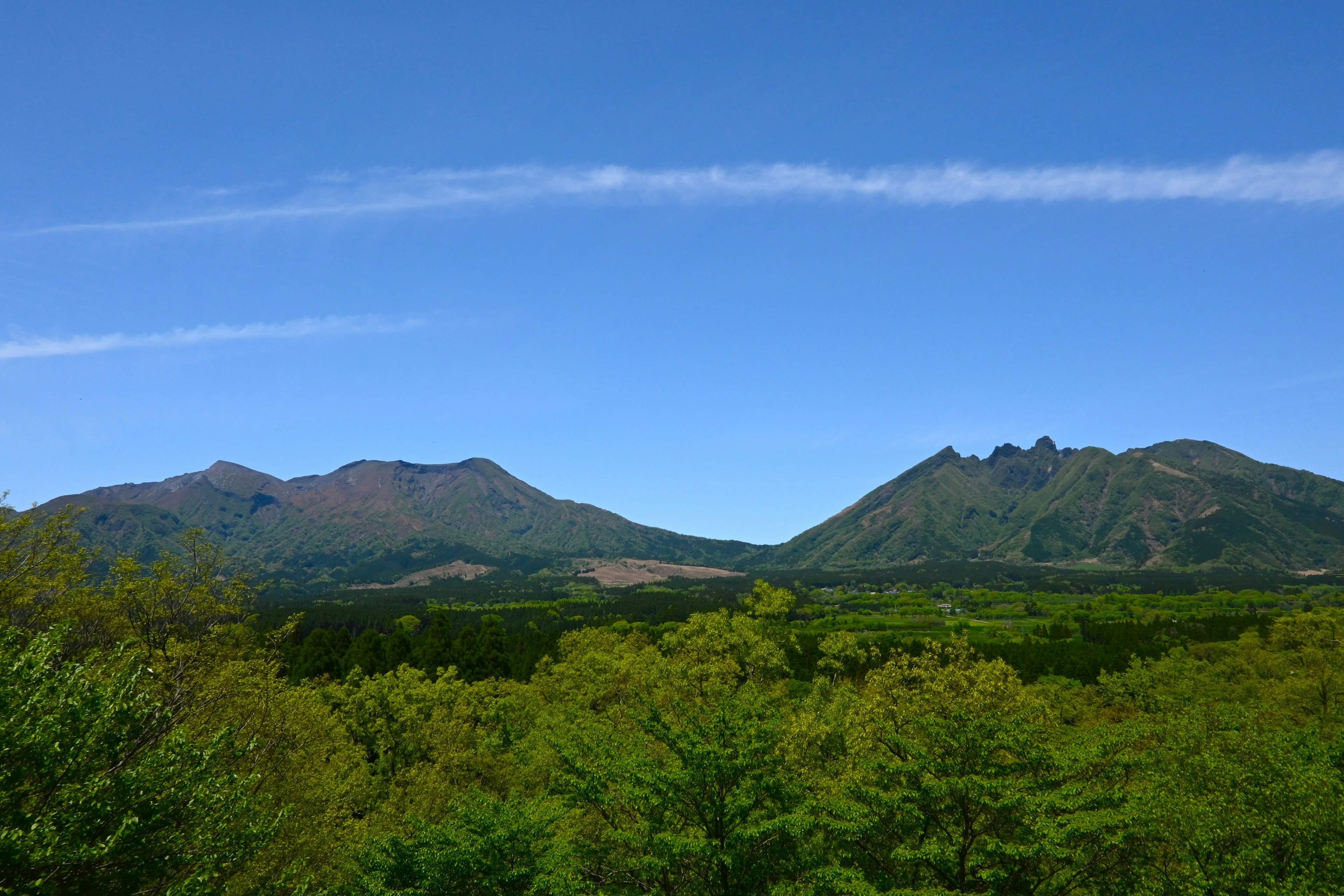 蓝天下被绿色树木环绕的山脉风景