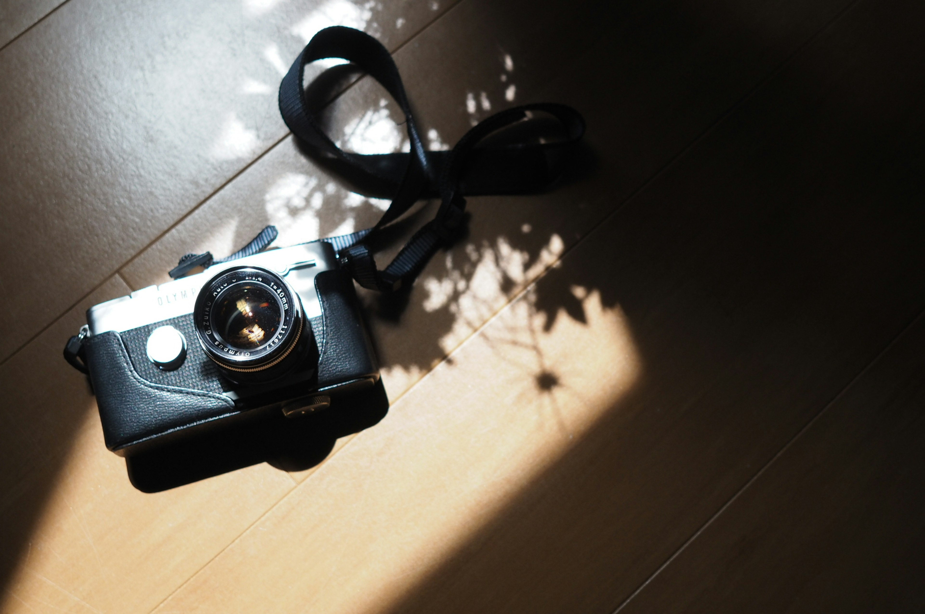 A camera placed in sunlight on a wooden floor