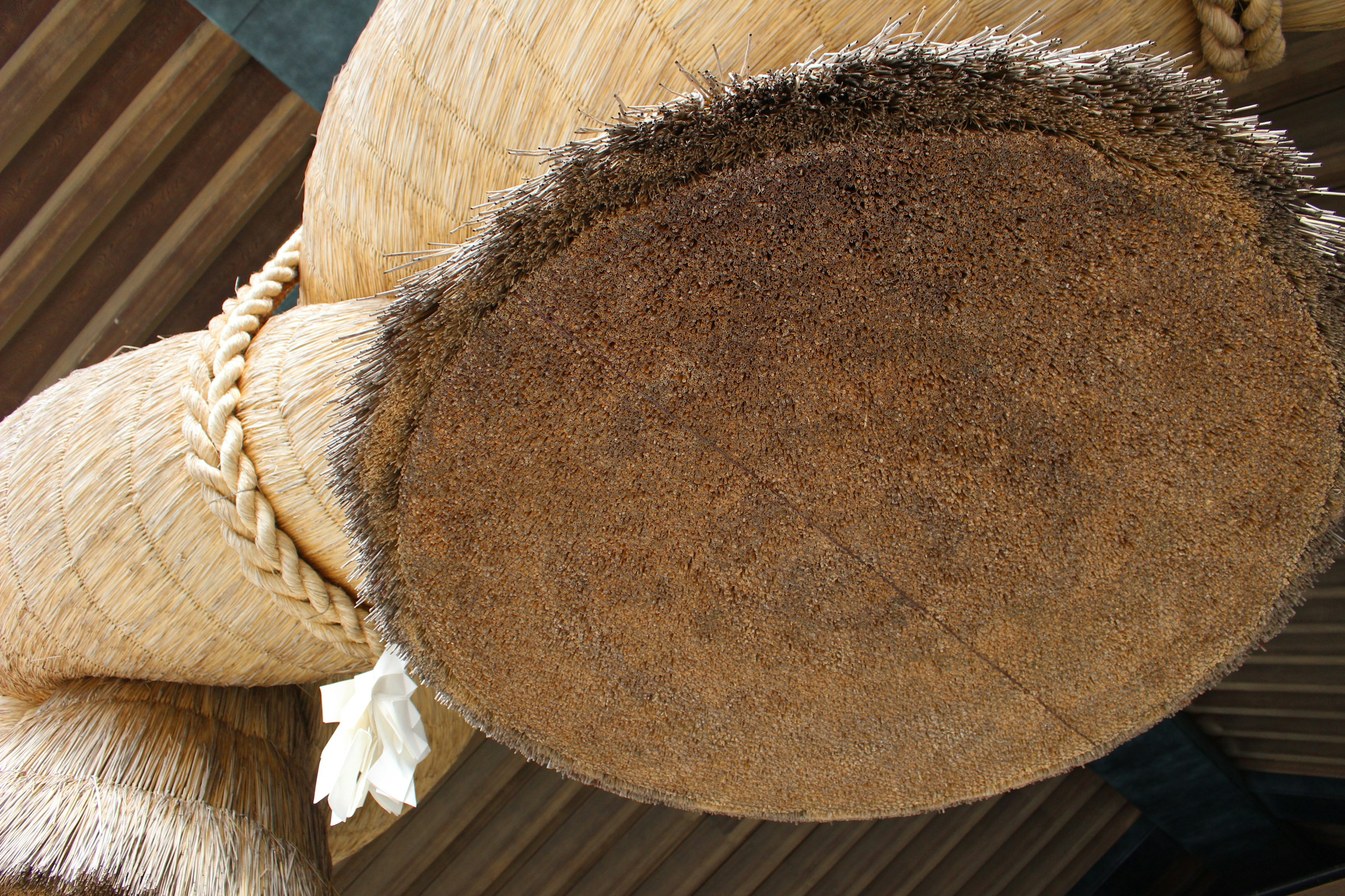 Tampilan bawah drum tradisional dari rumput yang menampilkan tekstur dan detail