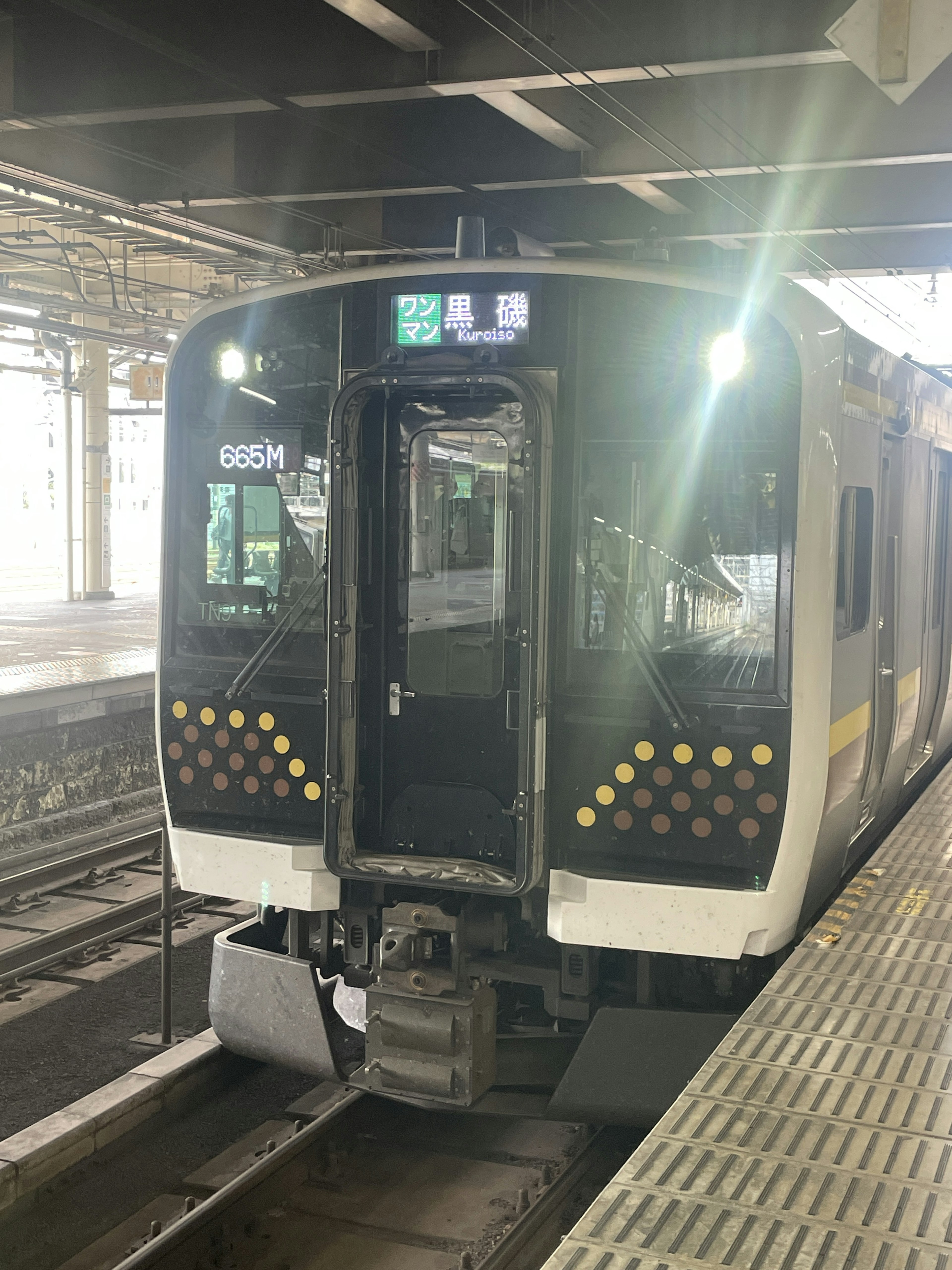 Tampilan depan kereta yang berhenti di stasiun