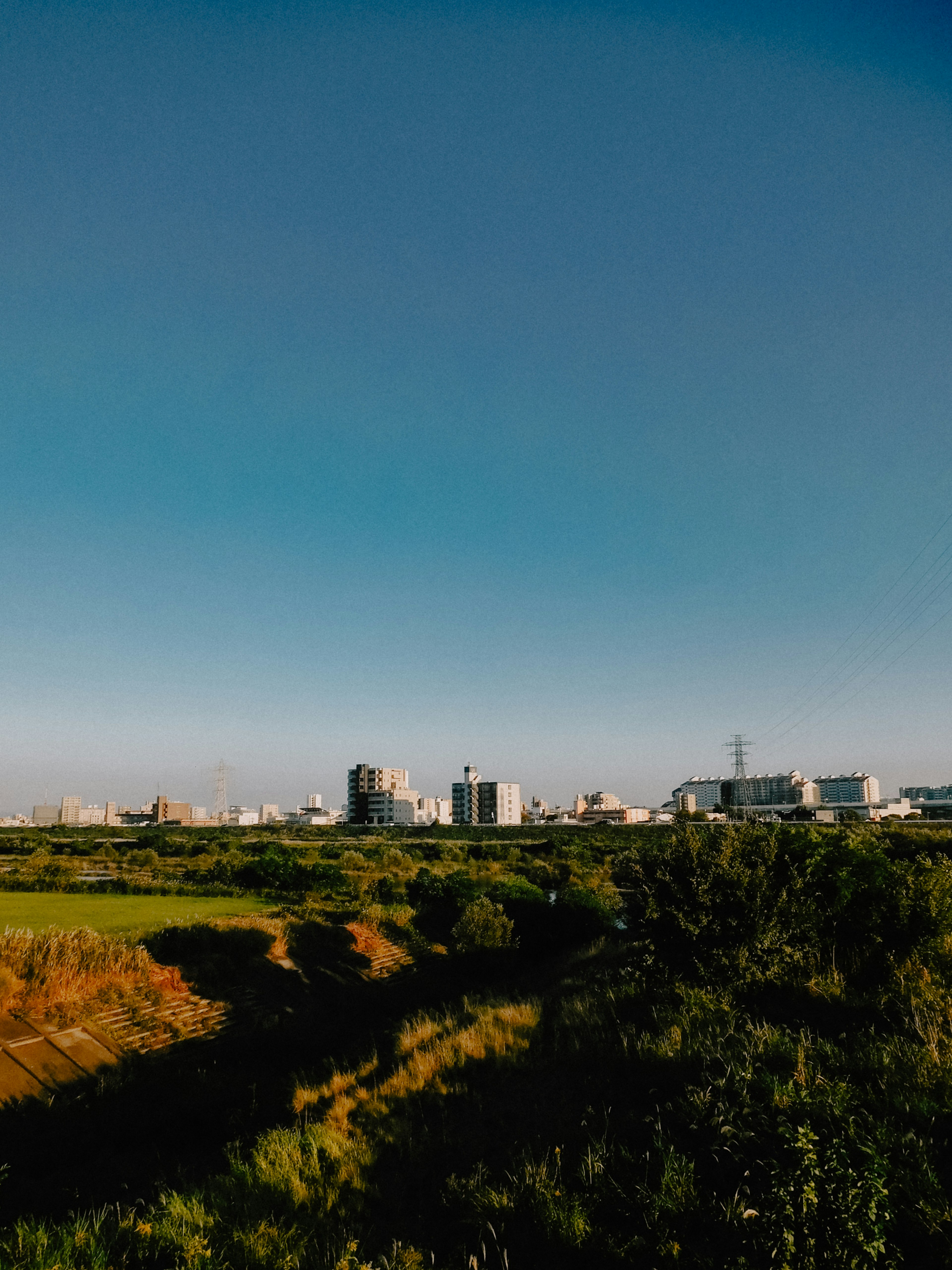 Paesaggio urbano con edifici sotto un cielo blu e campi verdi