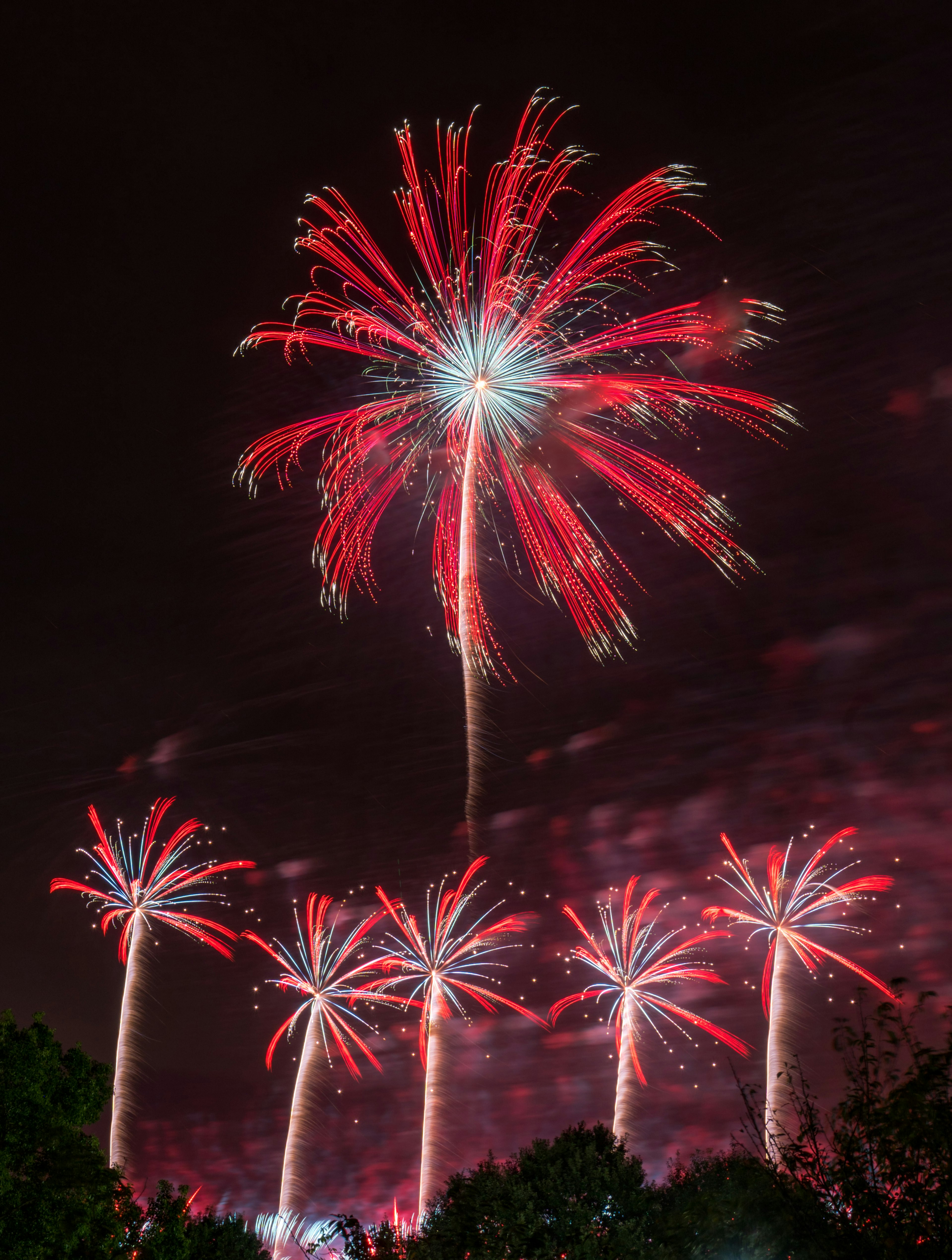 Un grupo de fuegos artificiales rojos floreciendo en el cielo nocturno