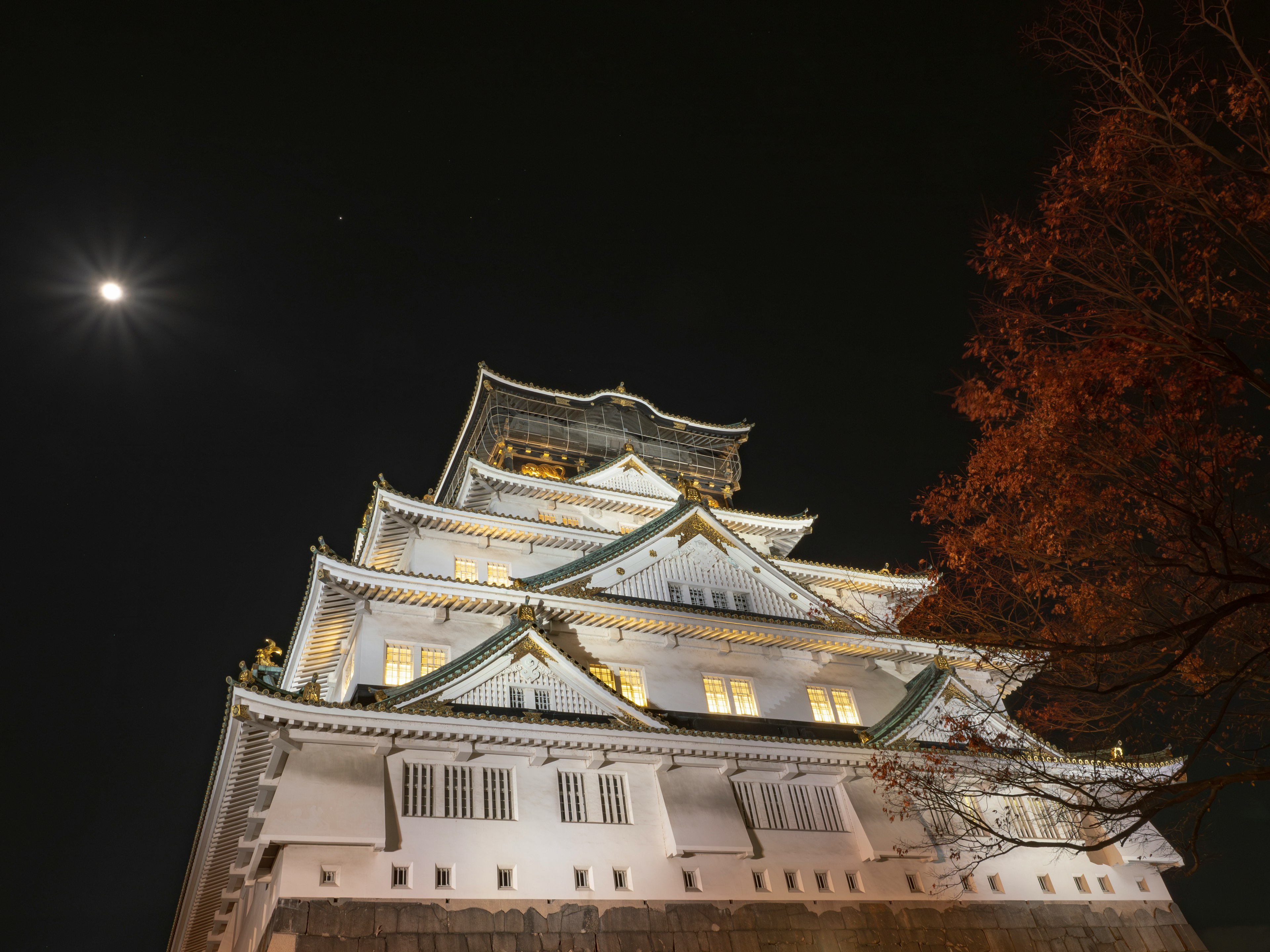 The illuminated exterior of a castle under the moonlight at night