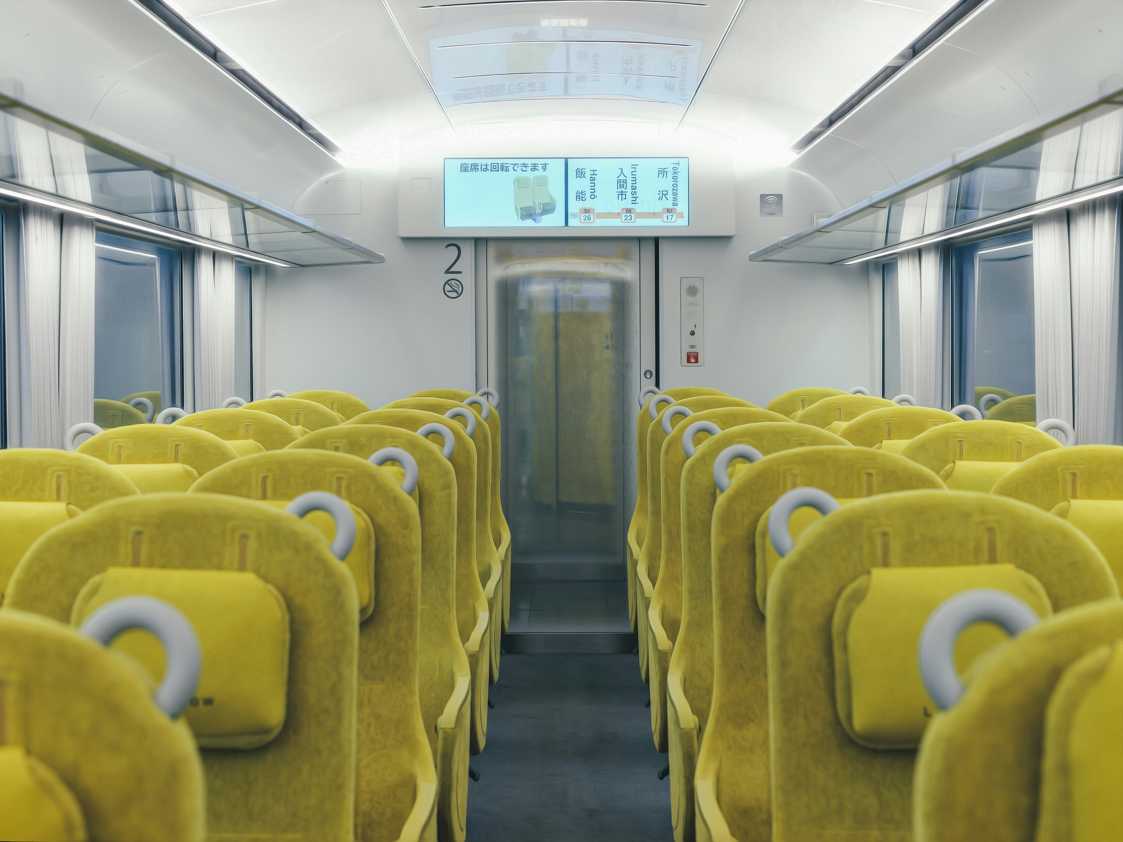 Interior of a modern train carriage with yellow seats