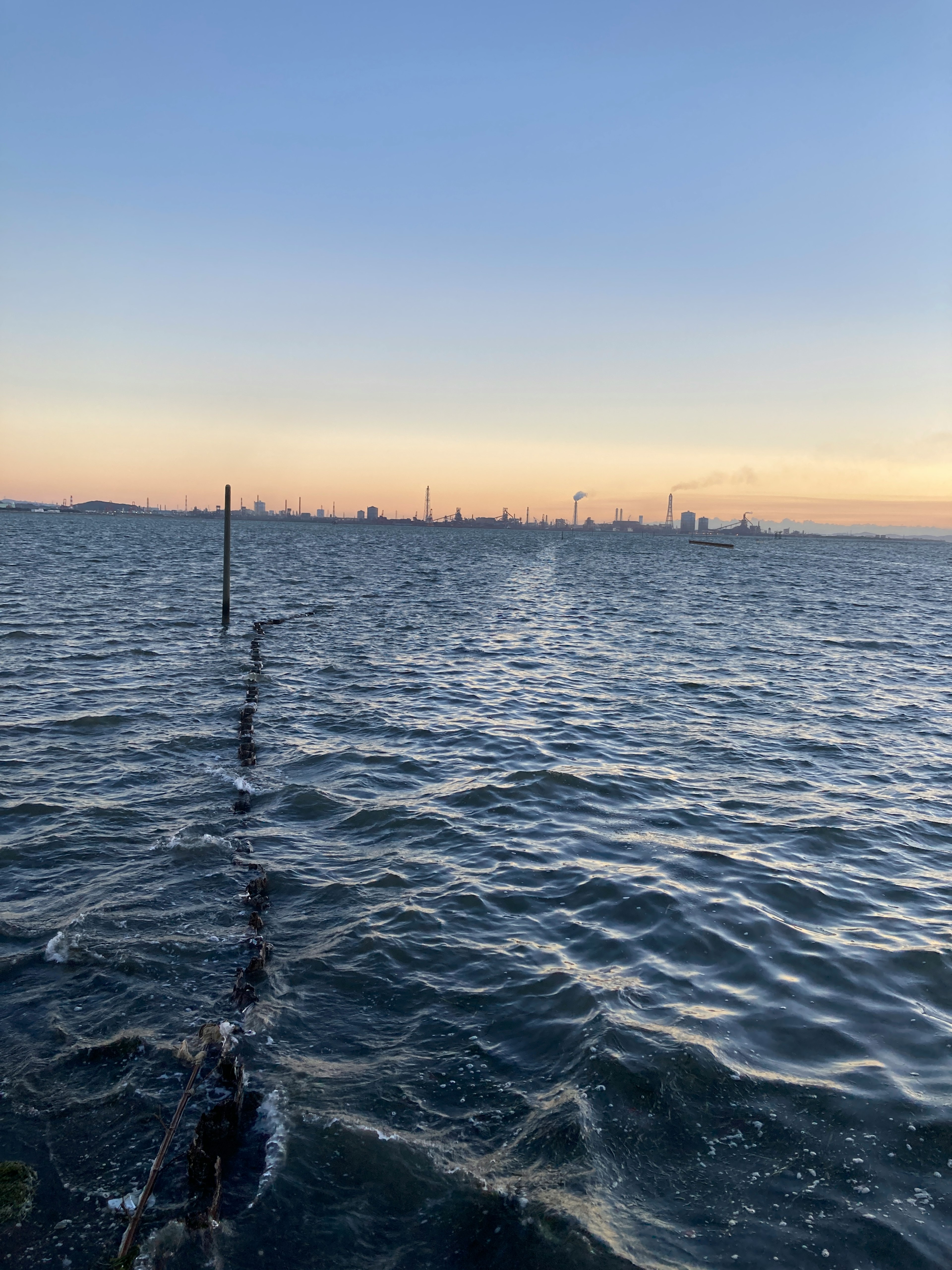 海の静かな景色と夕焼けの空を背景にした水面の波