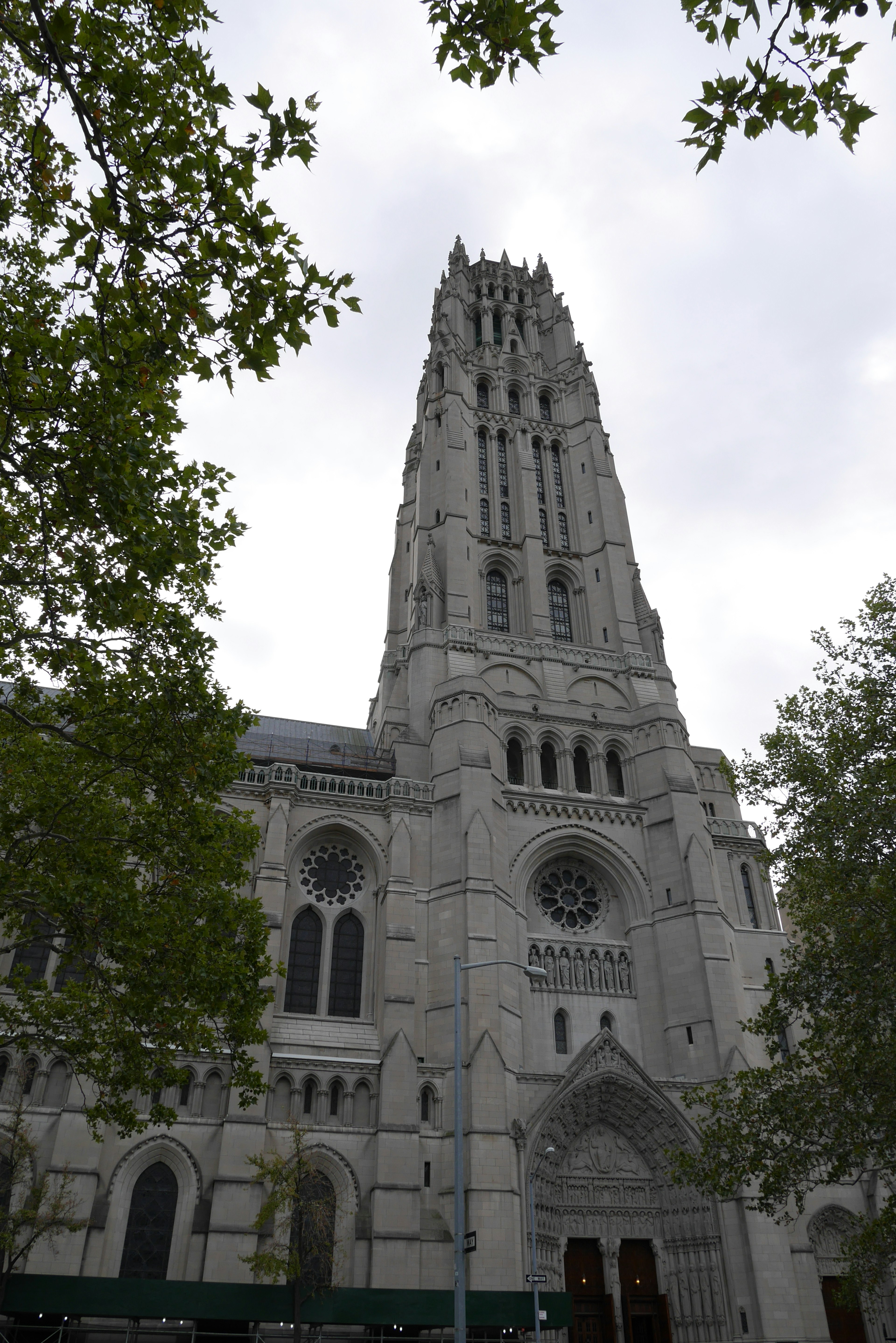 Photo focusing on the upper tower of the Cathedral of St John the Divine in New York