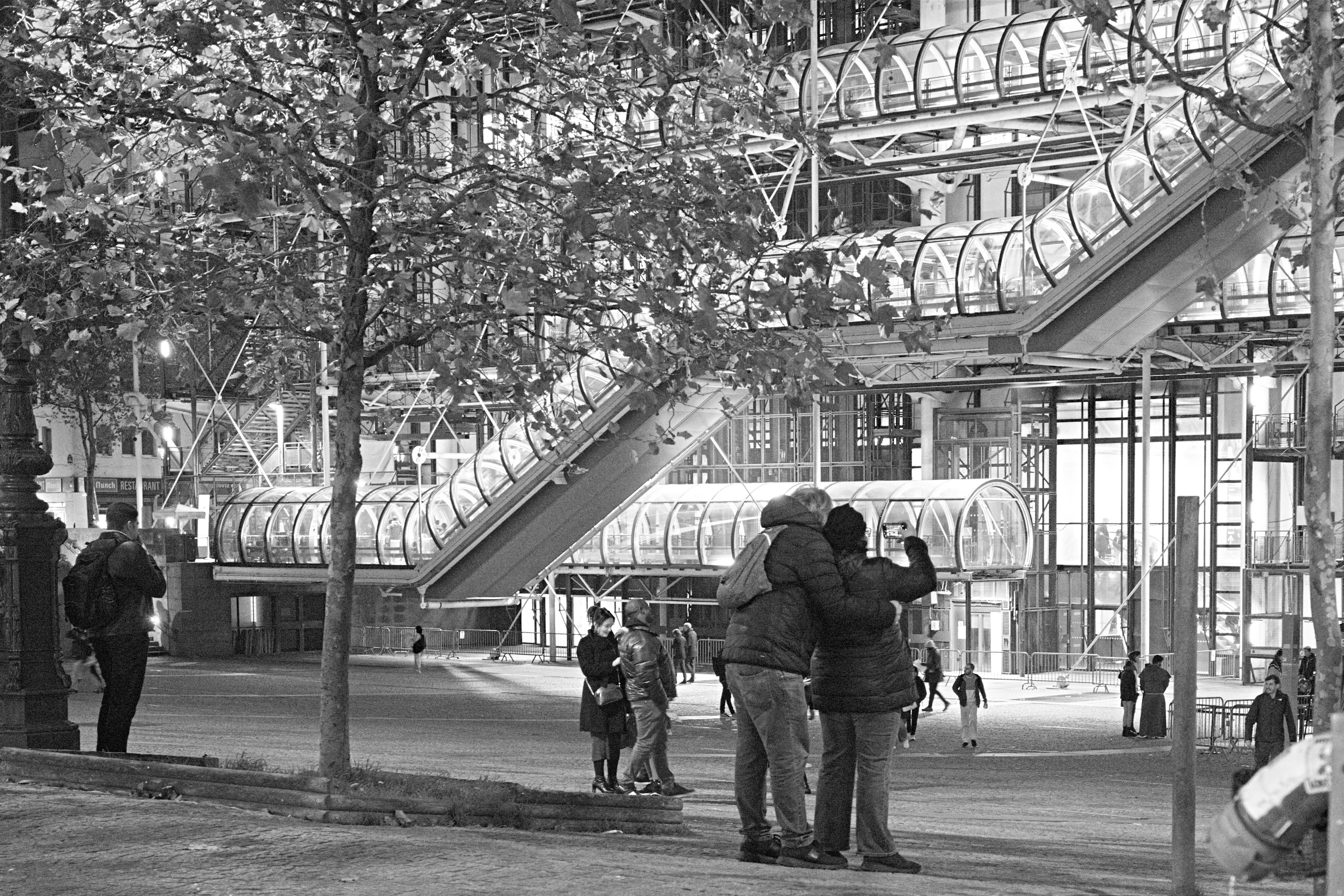 Black and white photo of a couple embracing in a park with surrounding people