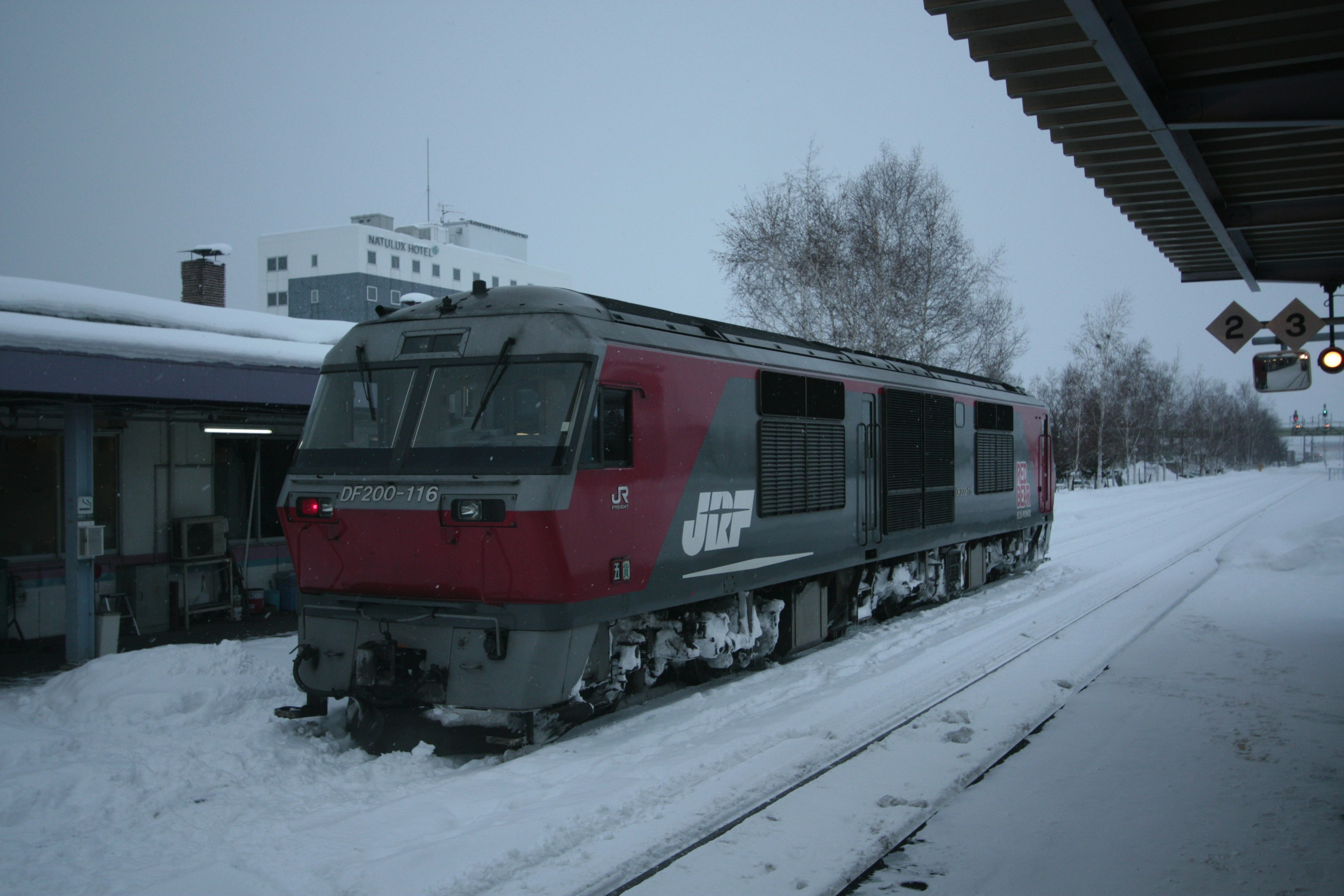 Train rouge arrêté à une gare enneigée avec un paysage blanc