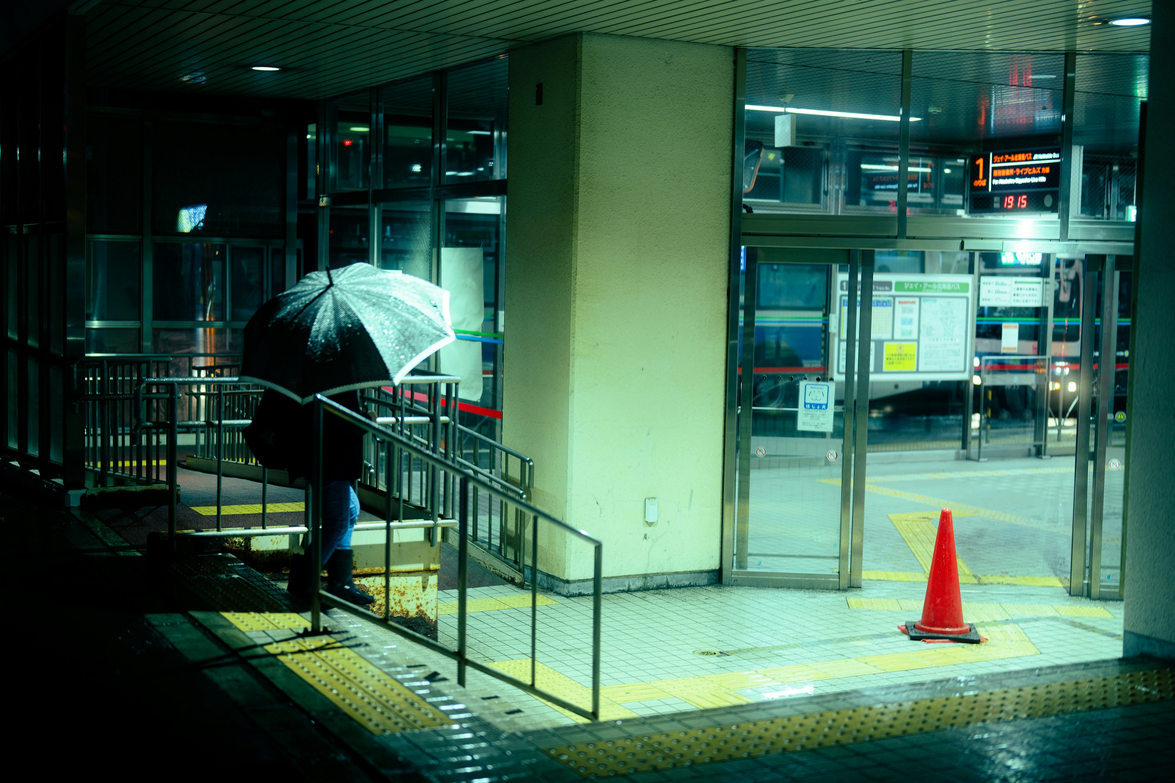 A person holding an umbrella descends stairs in the rain