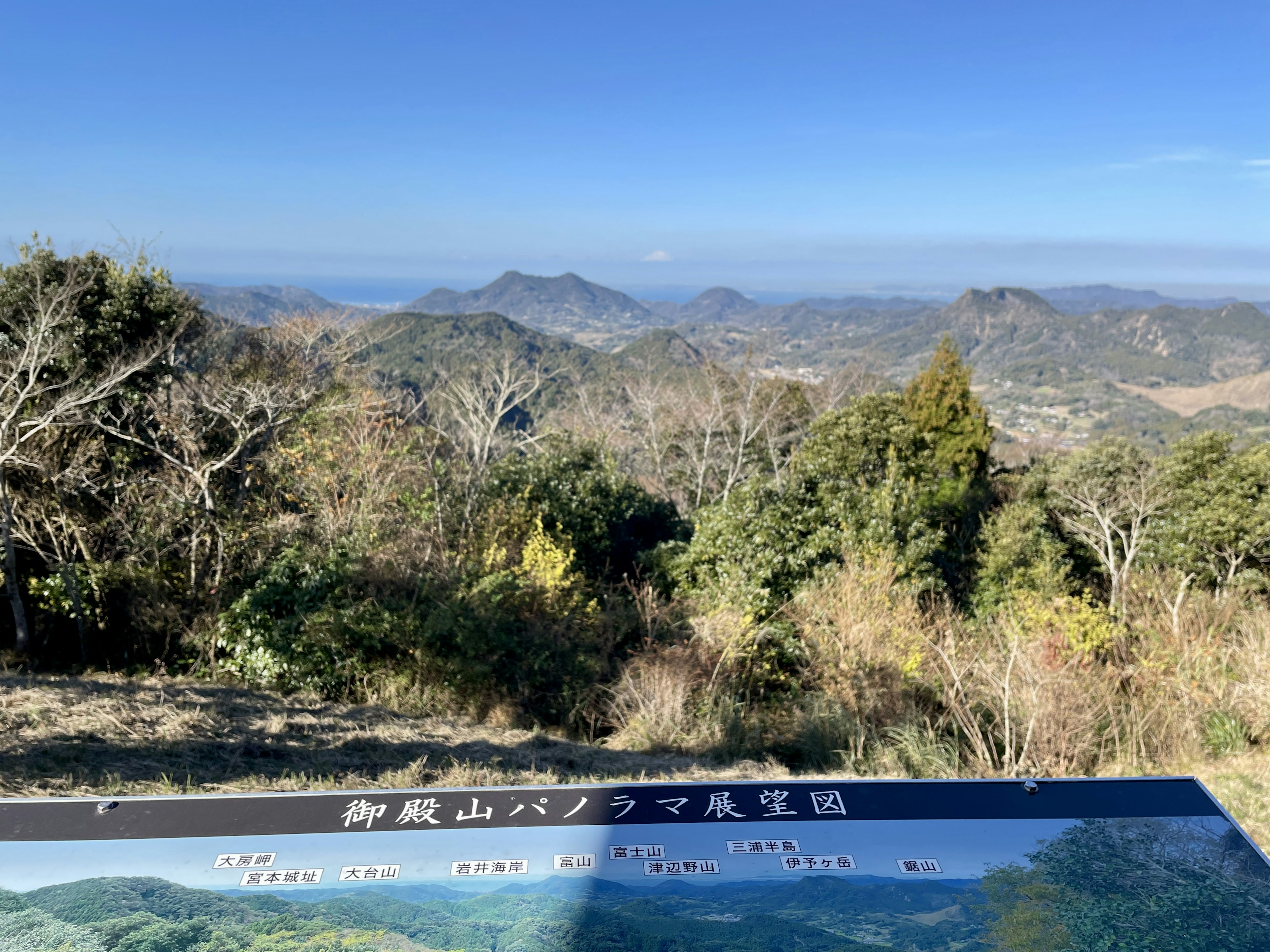 Vue panoramique depuis le sommet d'une montagne avec un panneau