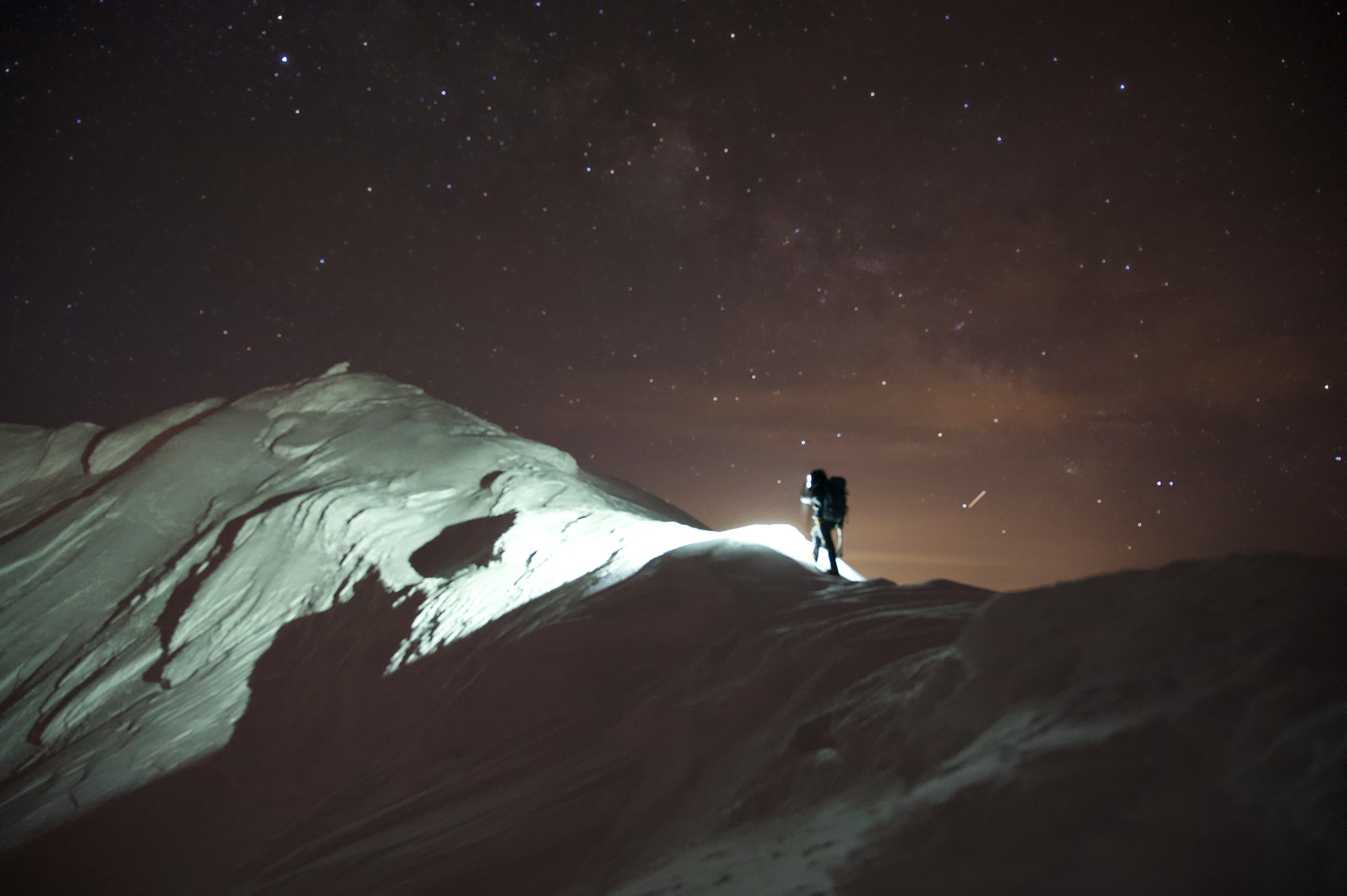 在星空下攀登雪山的人影