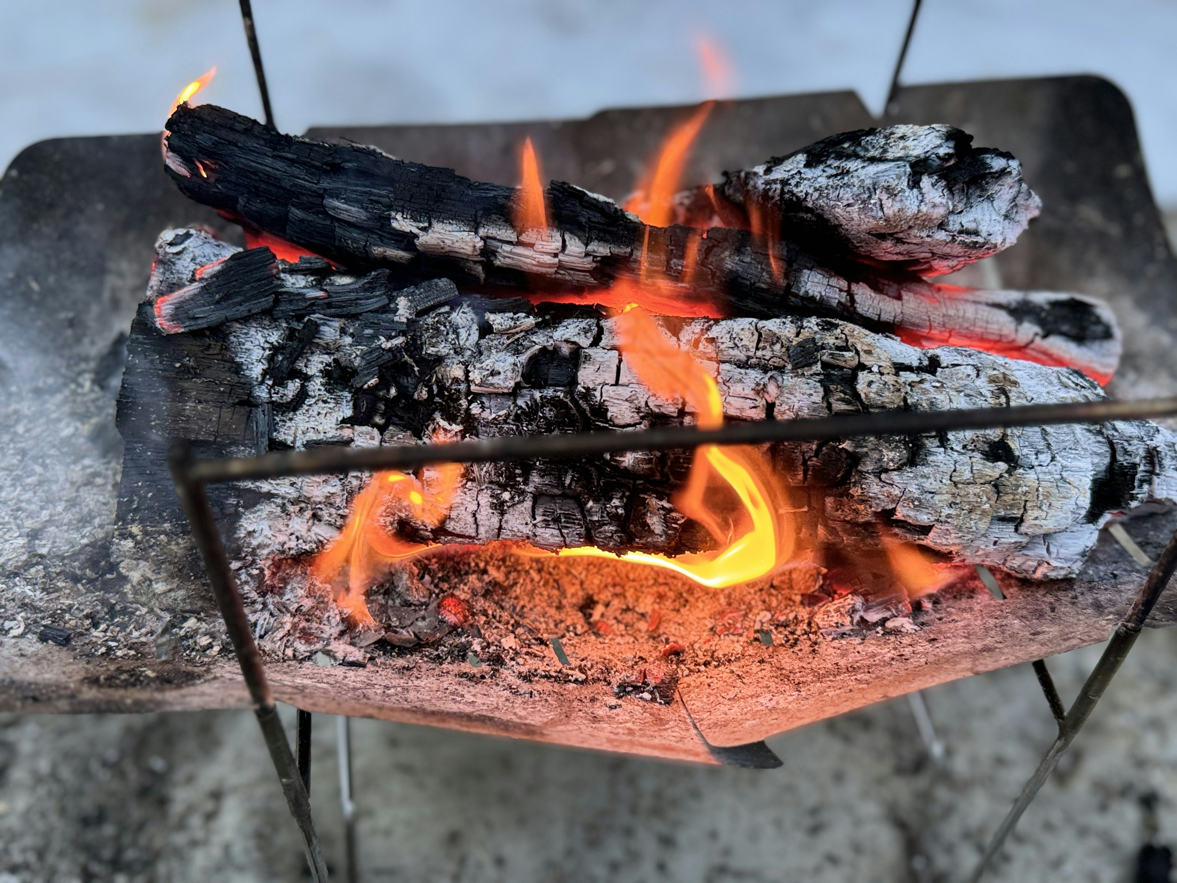 Api unggun dengan kayu bakar yang menyala dan bara yang bersinar