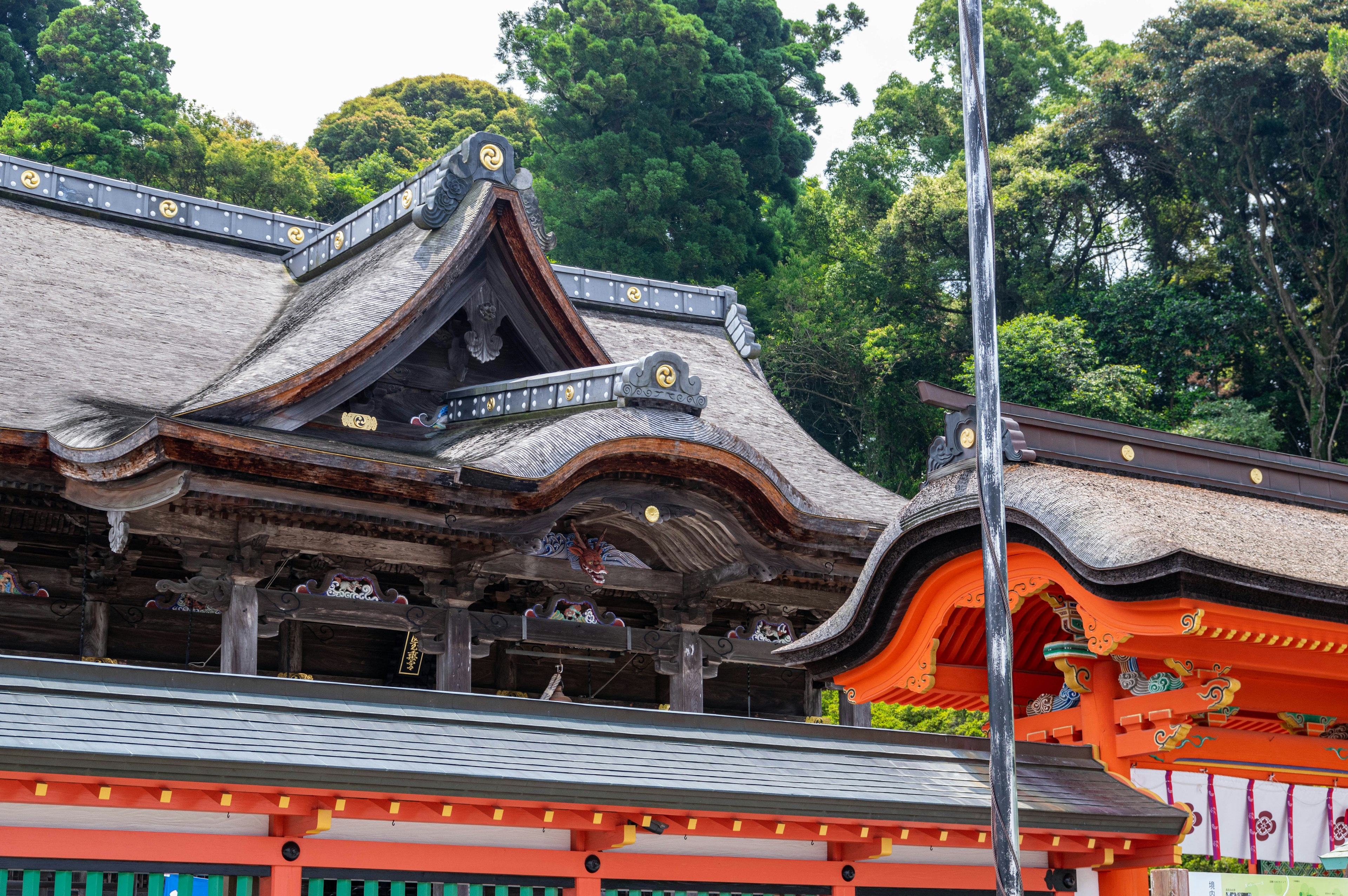 伝統的な日本の神社の屋根の部分が映し出されている緑に囲まれた風景