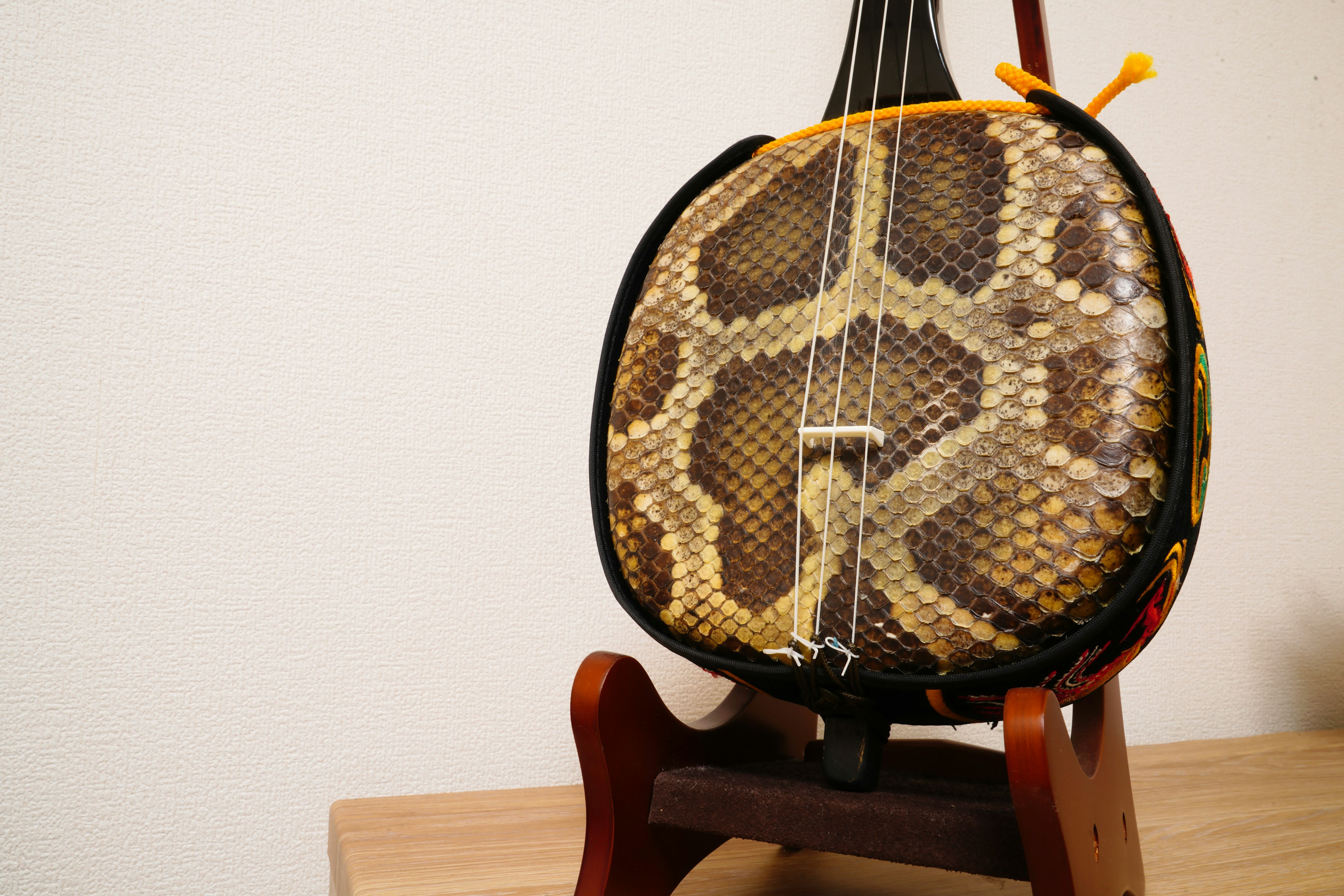 A unique instrument covered with snake skin displayed on a stand