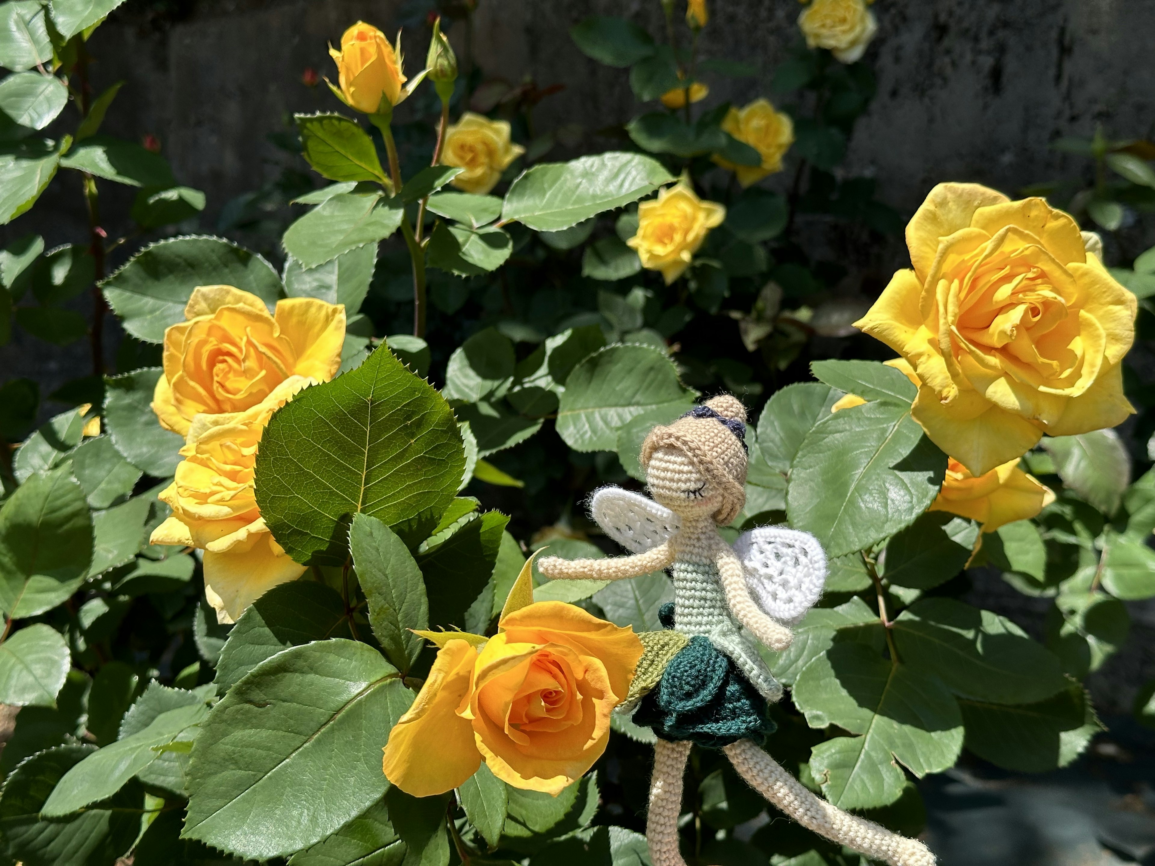 Une scène avec des roses jaunes et une petite poupée fée