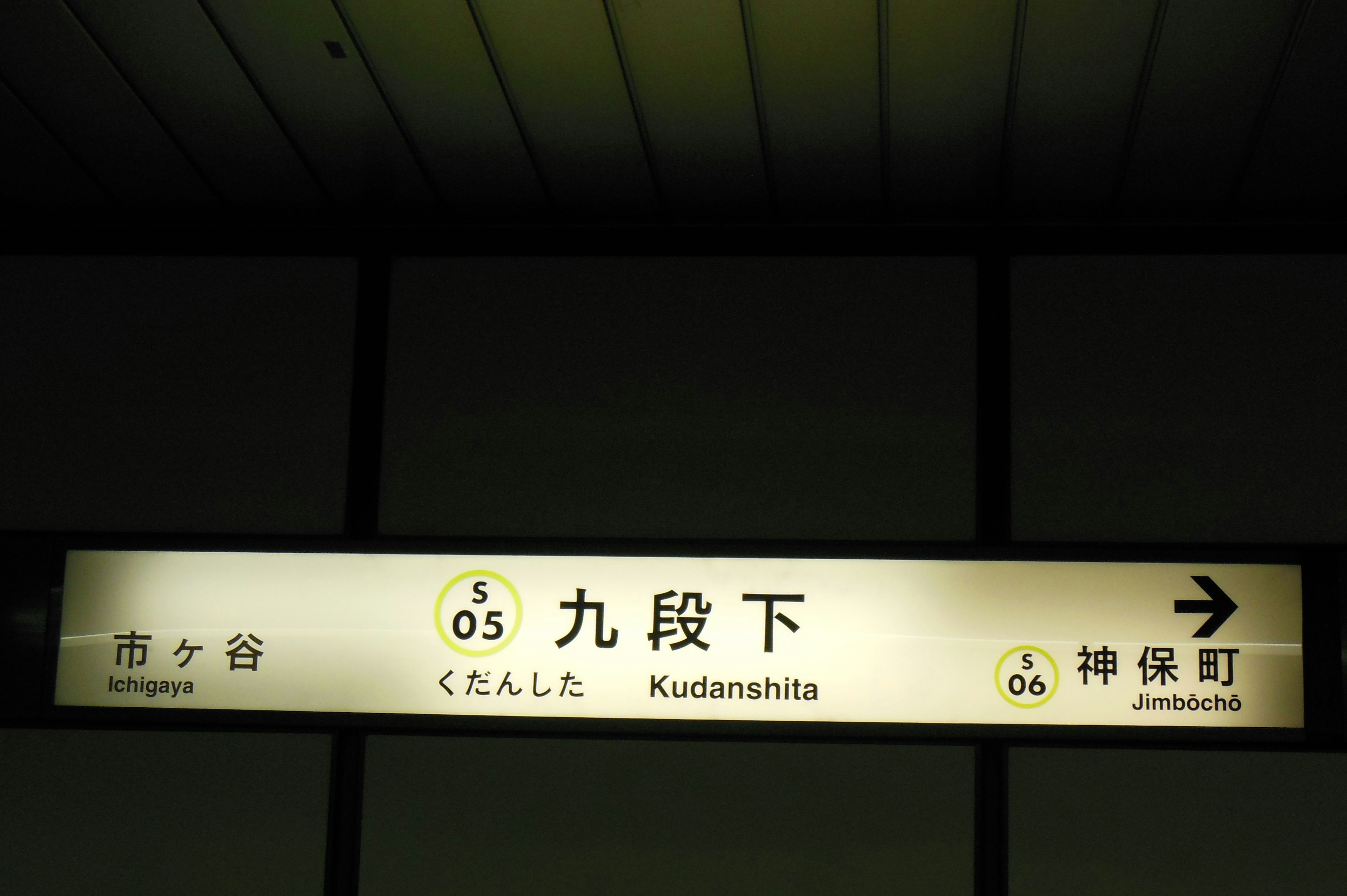 Signage for Kudanshita Station displaying Japanese and English