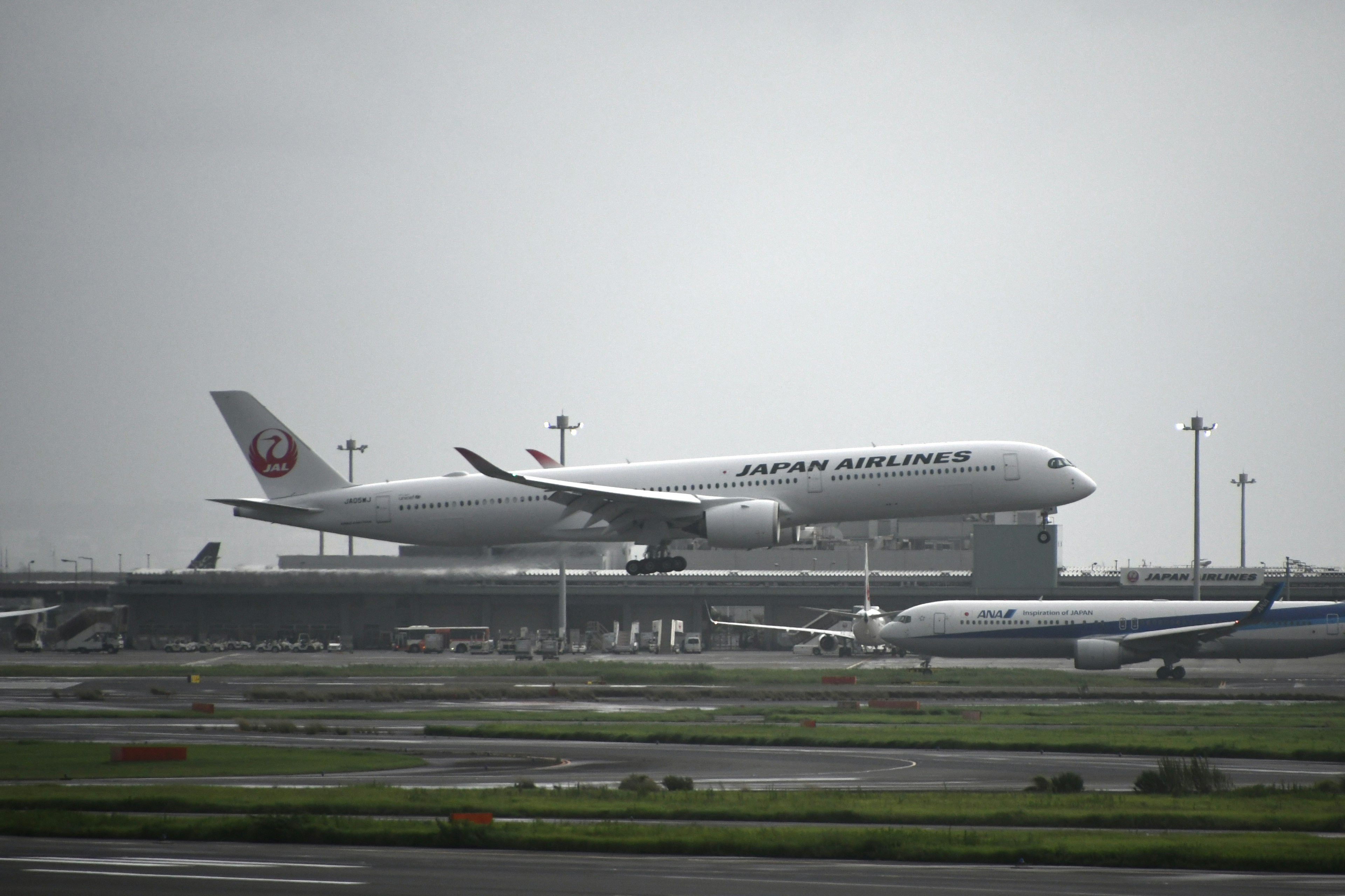 Pesawat Japan Airlines di bandara dengan langit mendung