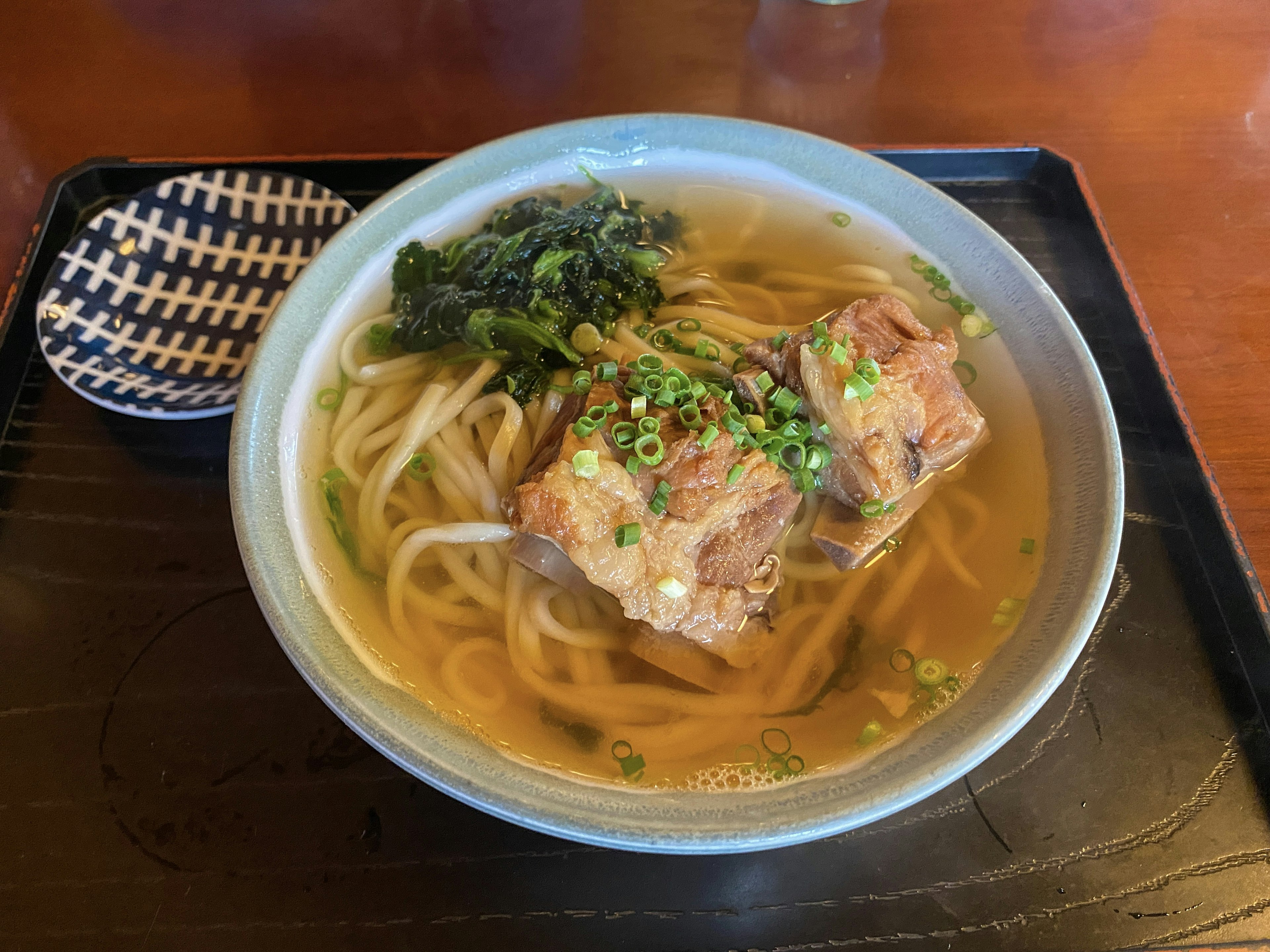 Bowl of udon noodles with chicken in clear broth topped with green onions