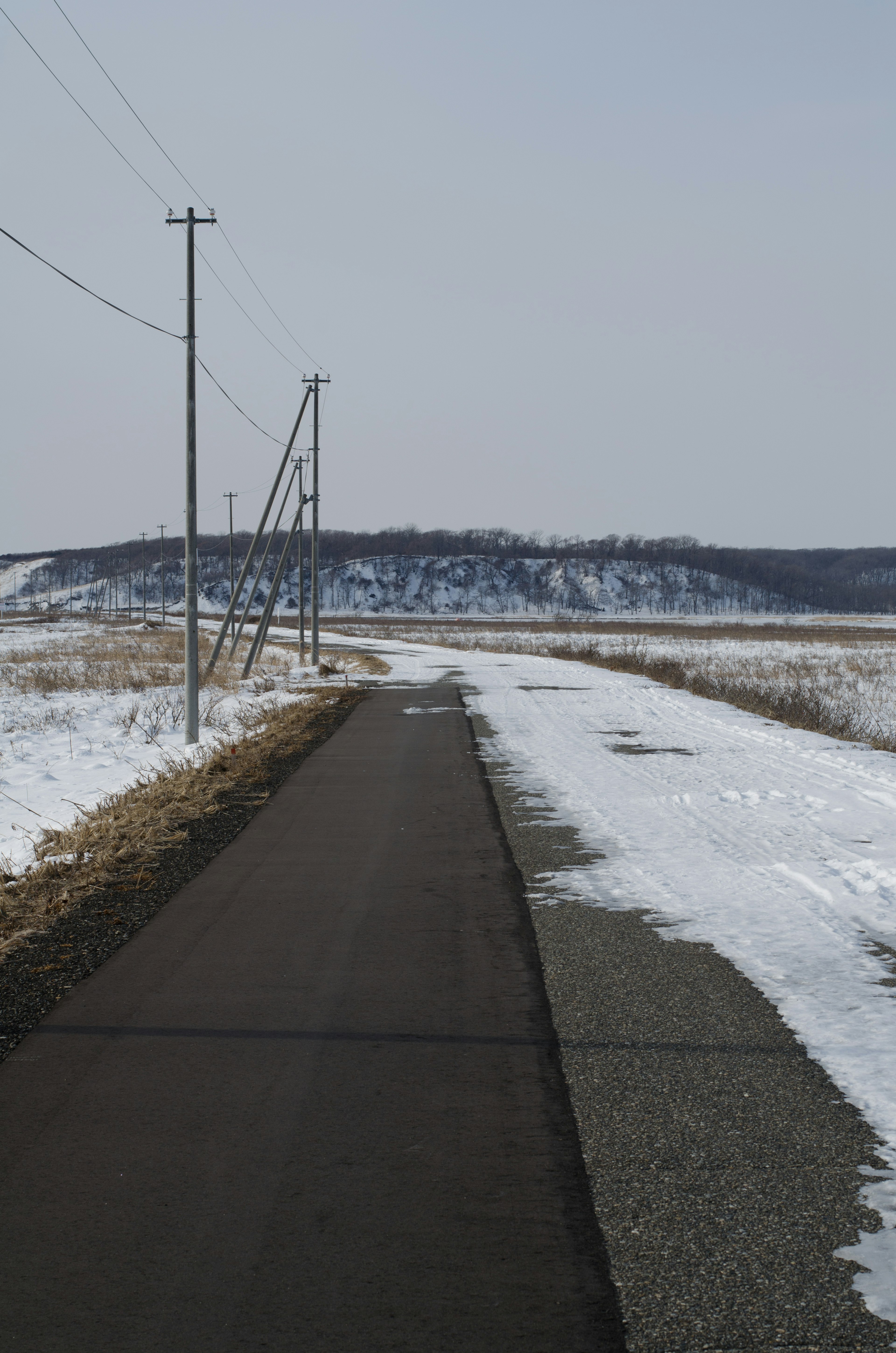 Paysage d'hiver avec une route enneigée et des poteaux électriques