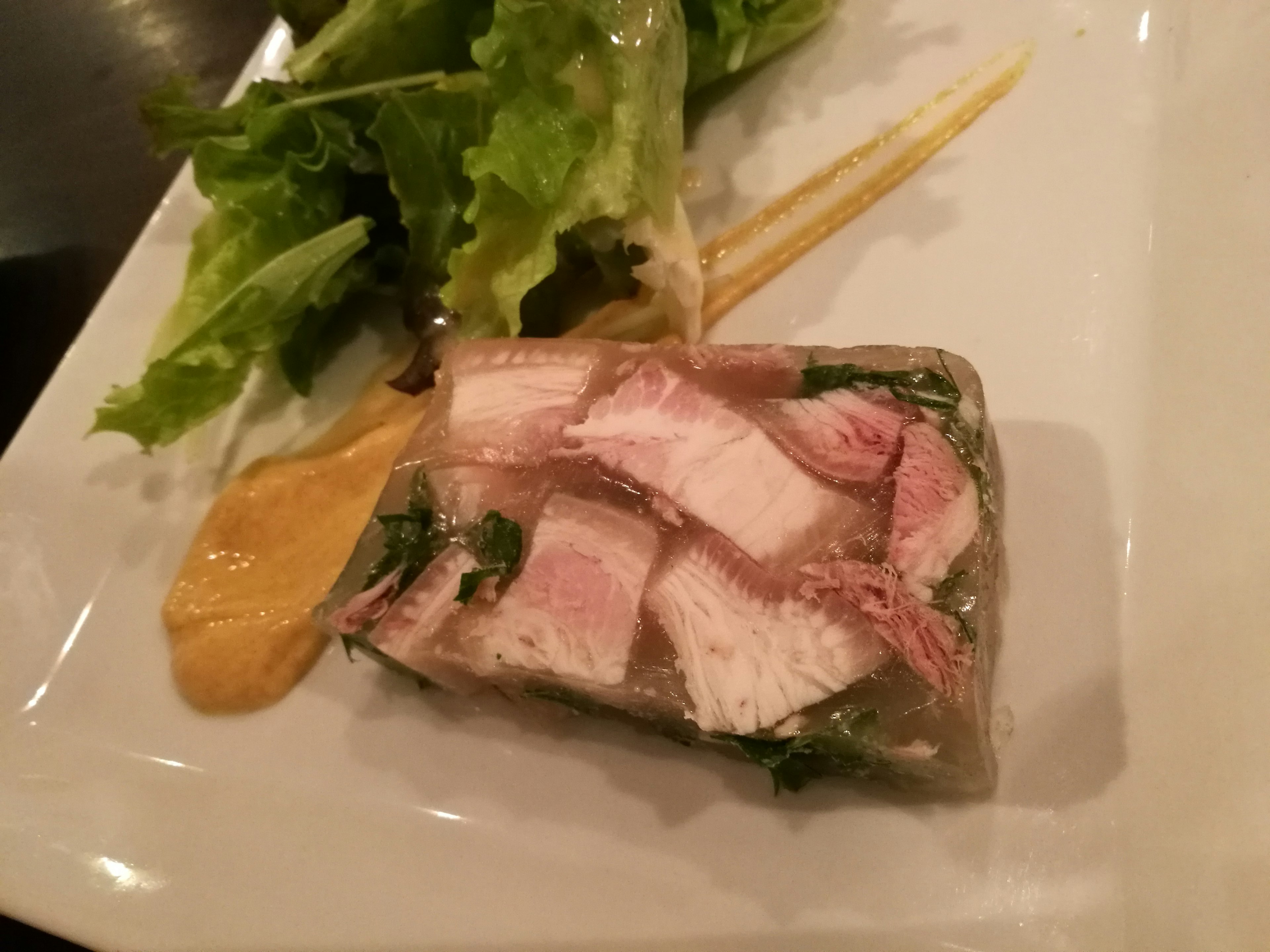 Meat terrine wrapped in transparent jelly served with salad