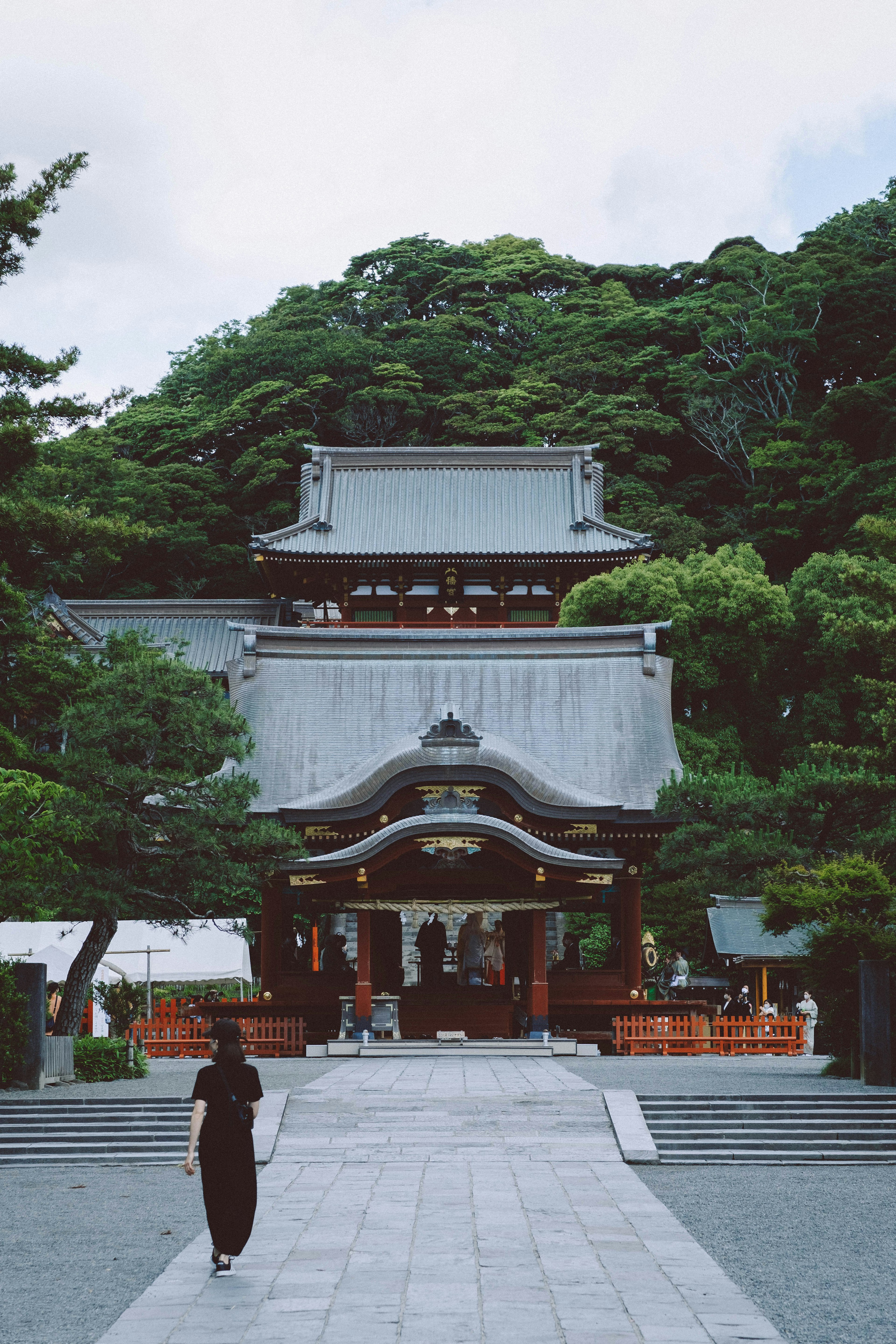 Person geht auf ein traditionelles japanisches Schreingebäude zu, umgeben von üppigem Grün