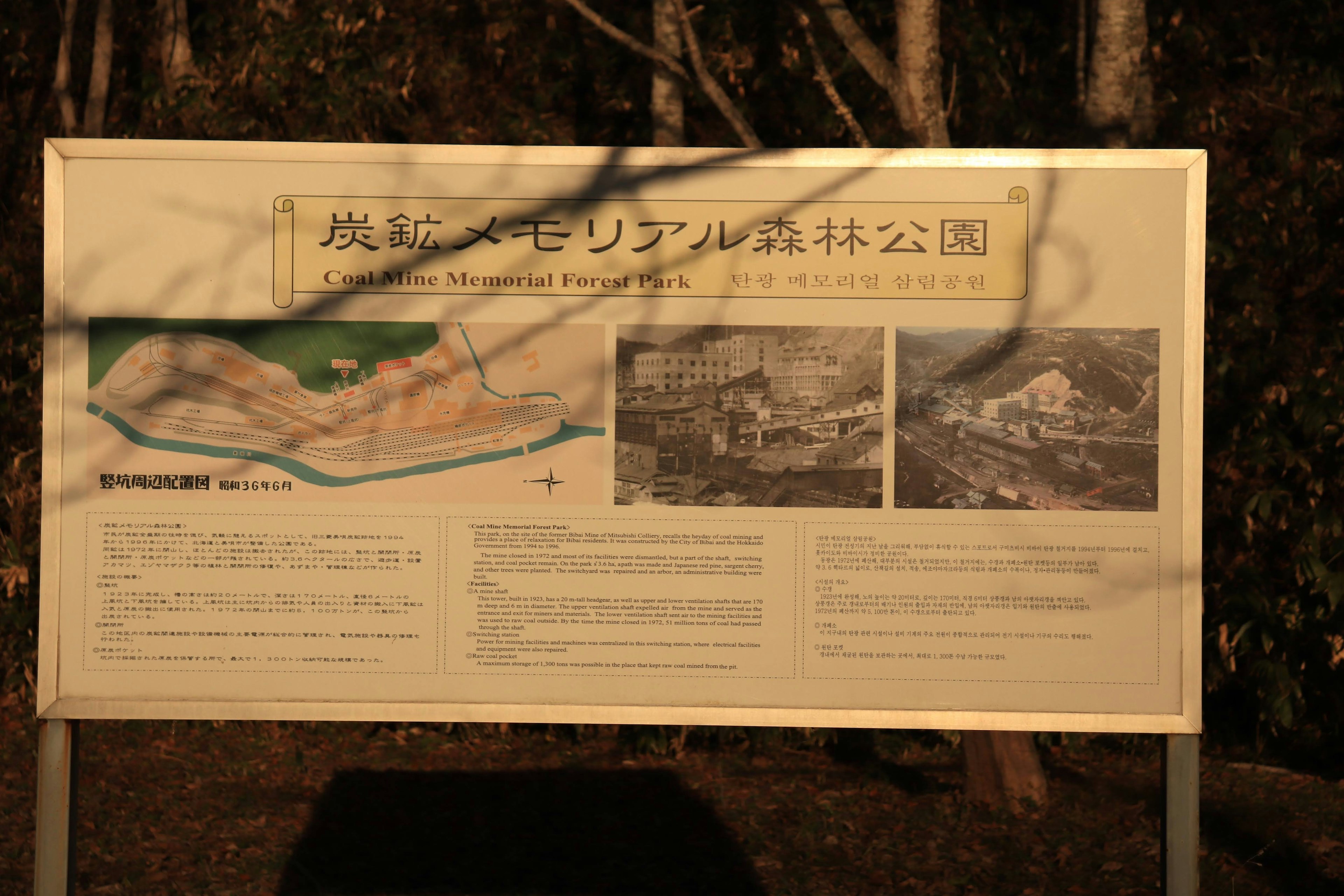 Information board in a park featuring a map and historical photos