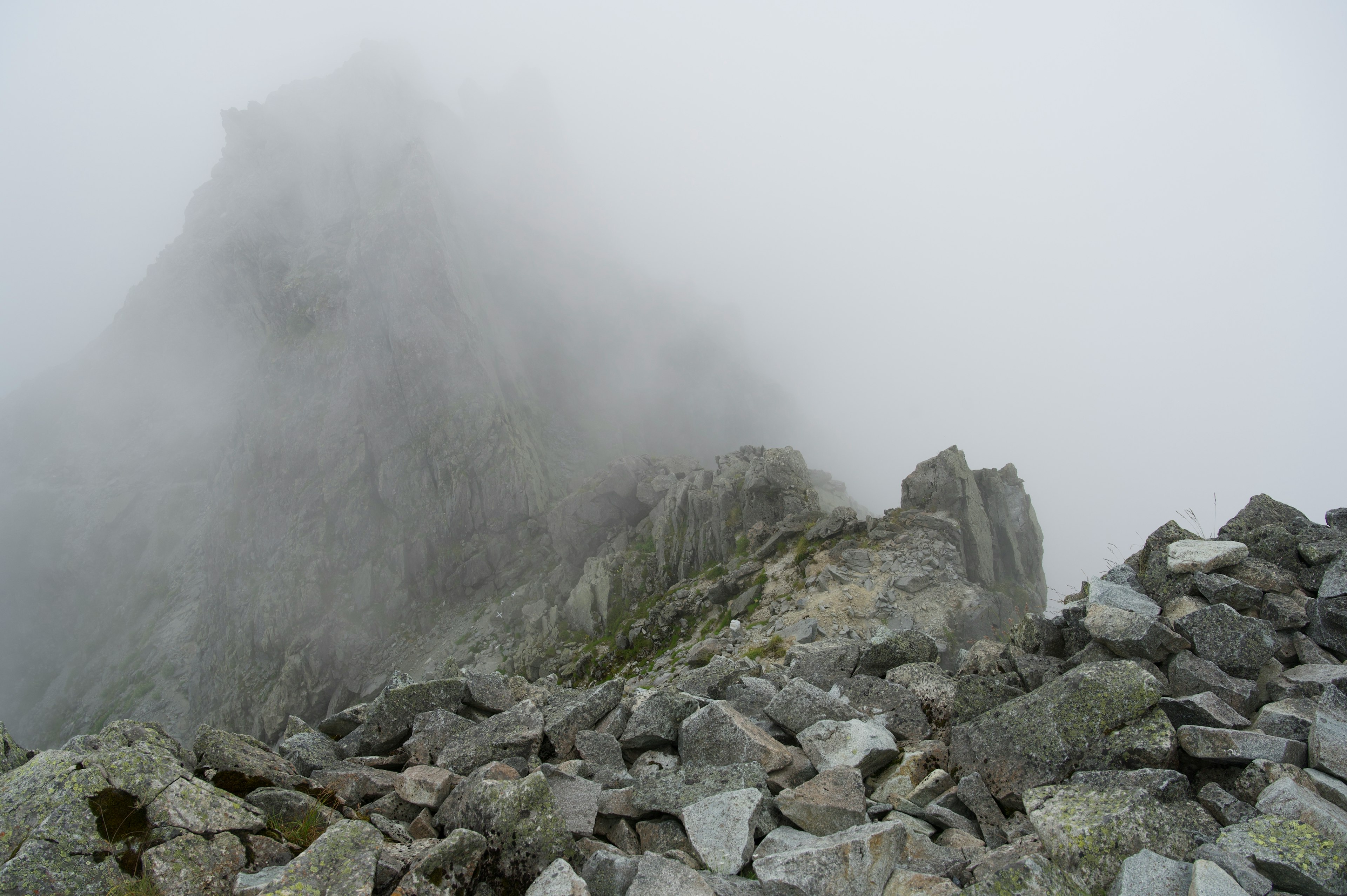 Punta di montagna avvolta nella nebbia con un primo piano roccioso