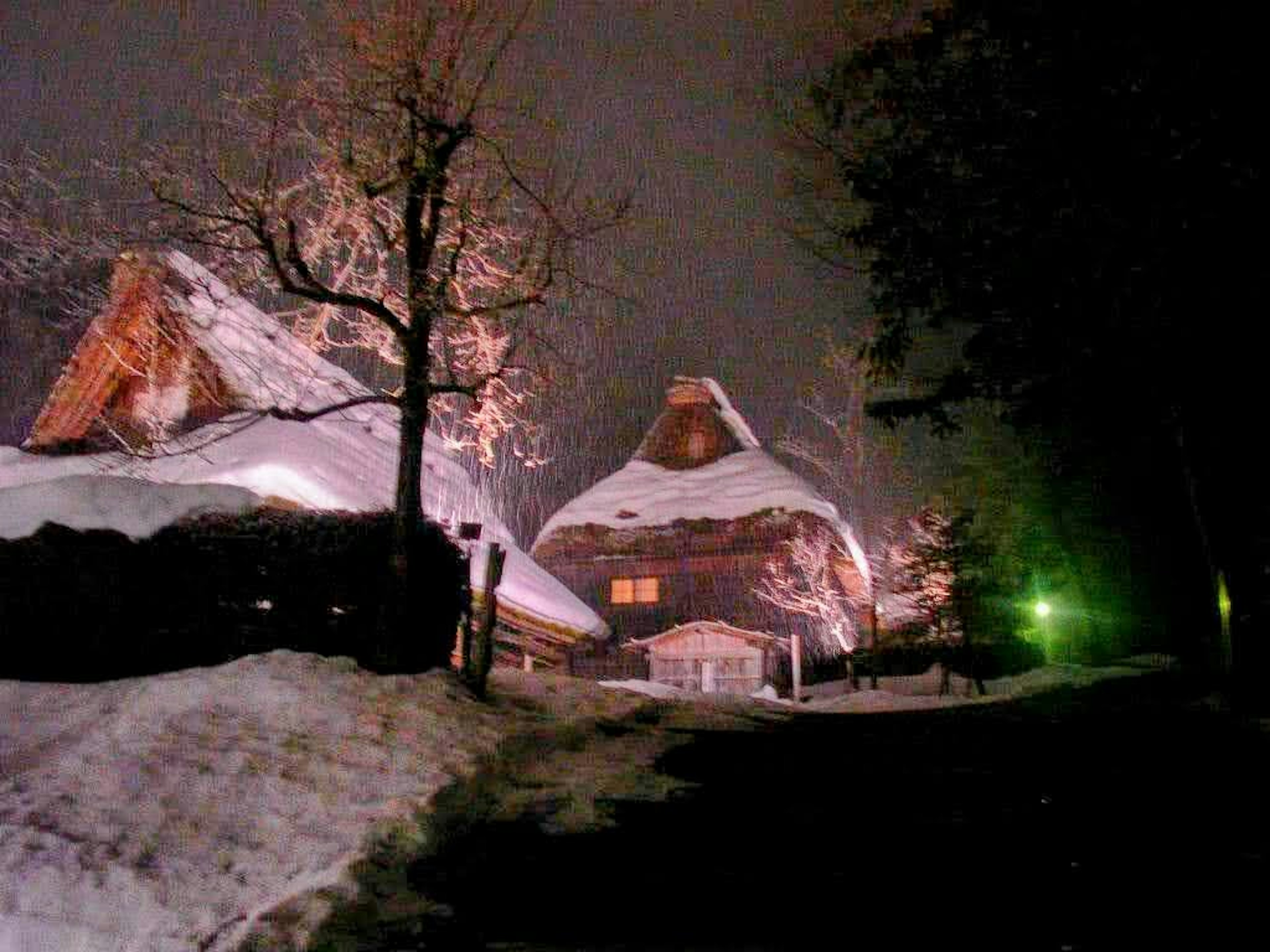 Maisons japonaises traditionnelles recouvertes de neige illuminées la nuit