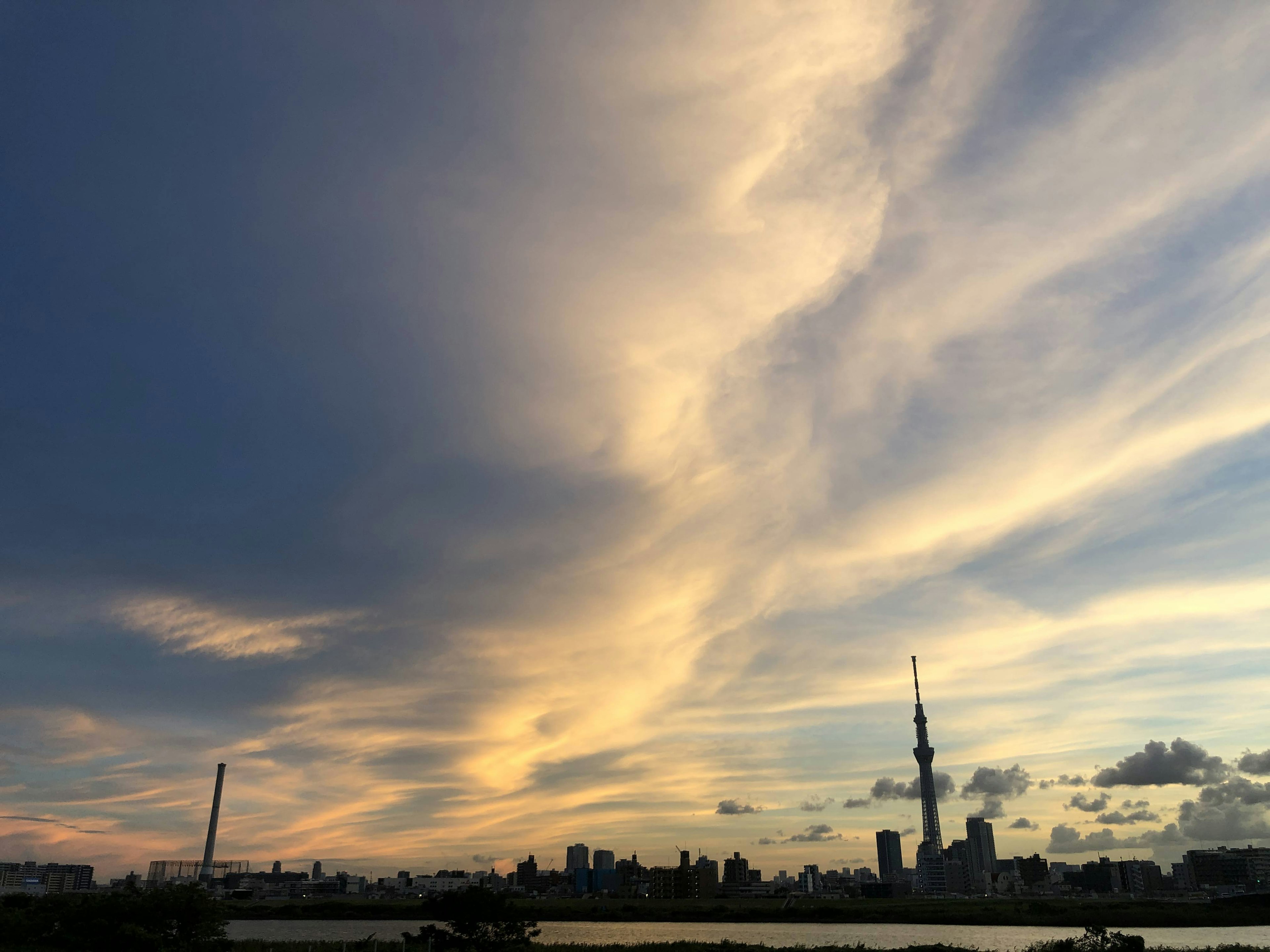 Cielo al atardecer con la Tokyo Skytree y el horizonte de la ciudad