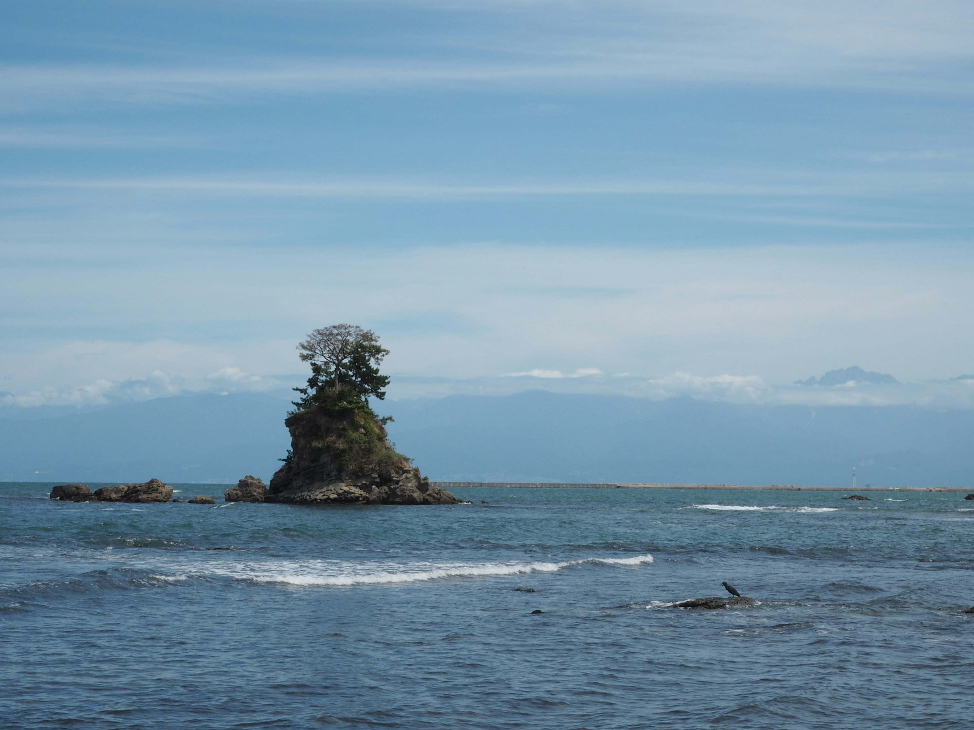 Sebuah pulau kecil di lautan biru dengan pohon di tepi berbatu