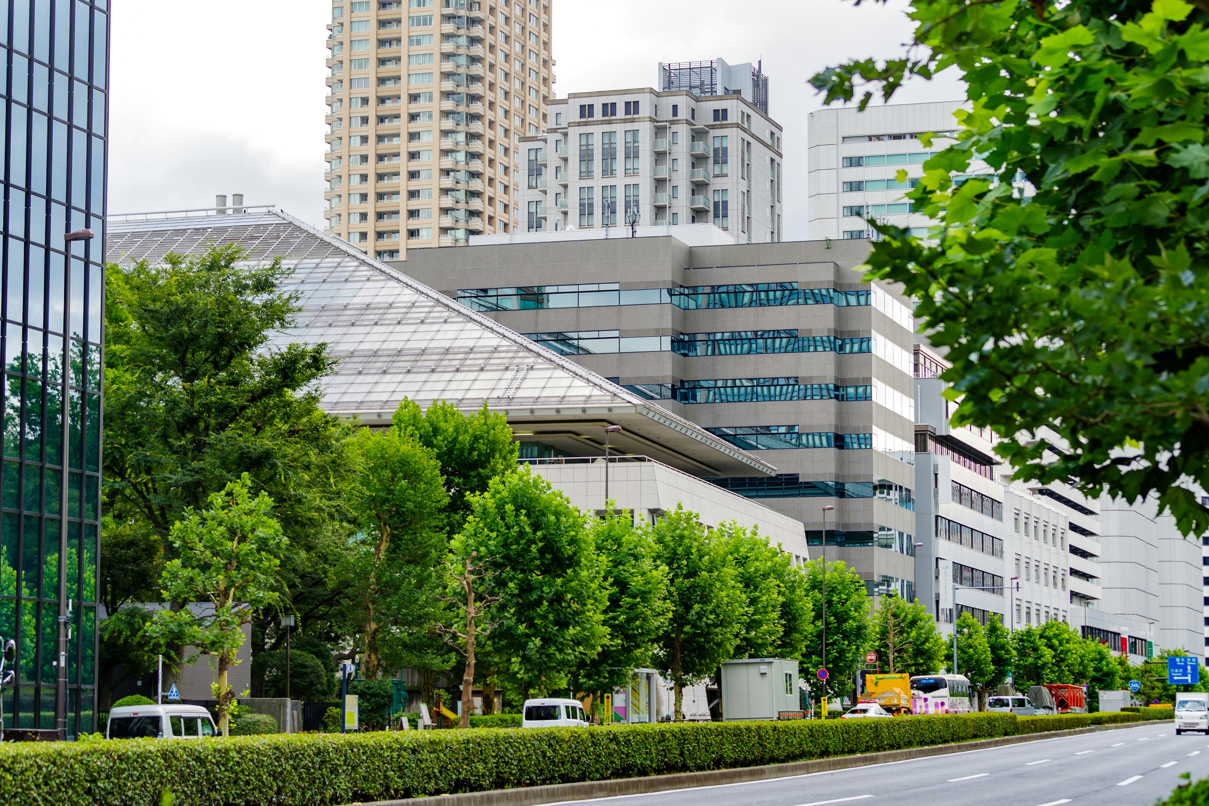 Urban landscape featuring modern buildings and green trees