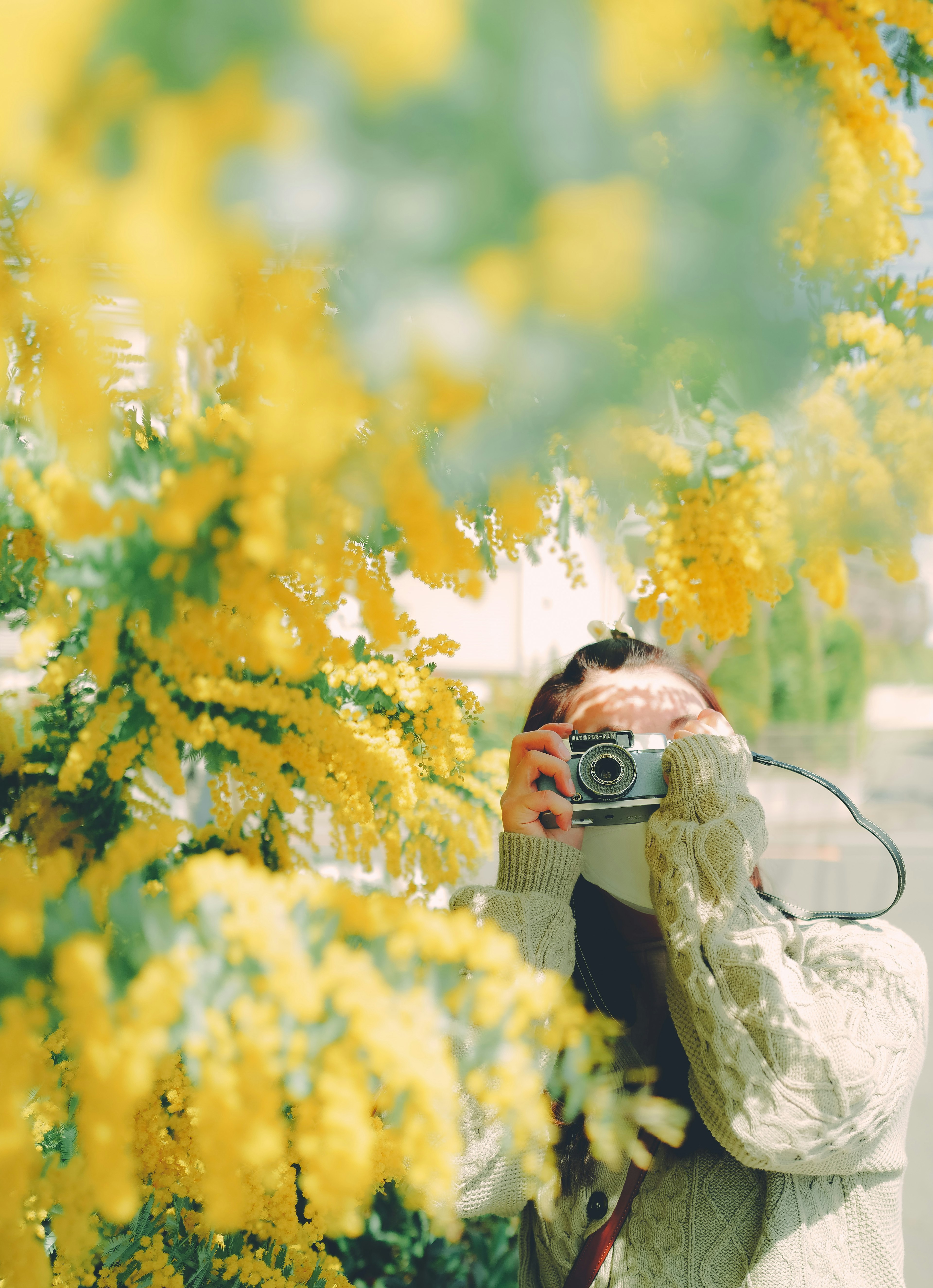 Mujer sosteniendo una cámara frente a un árbol con flores amarillas