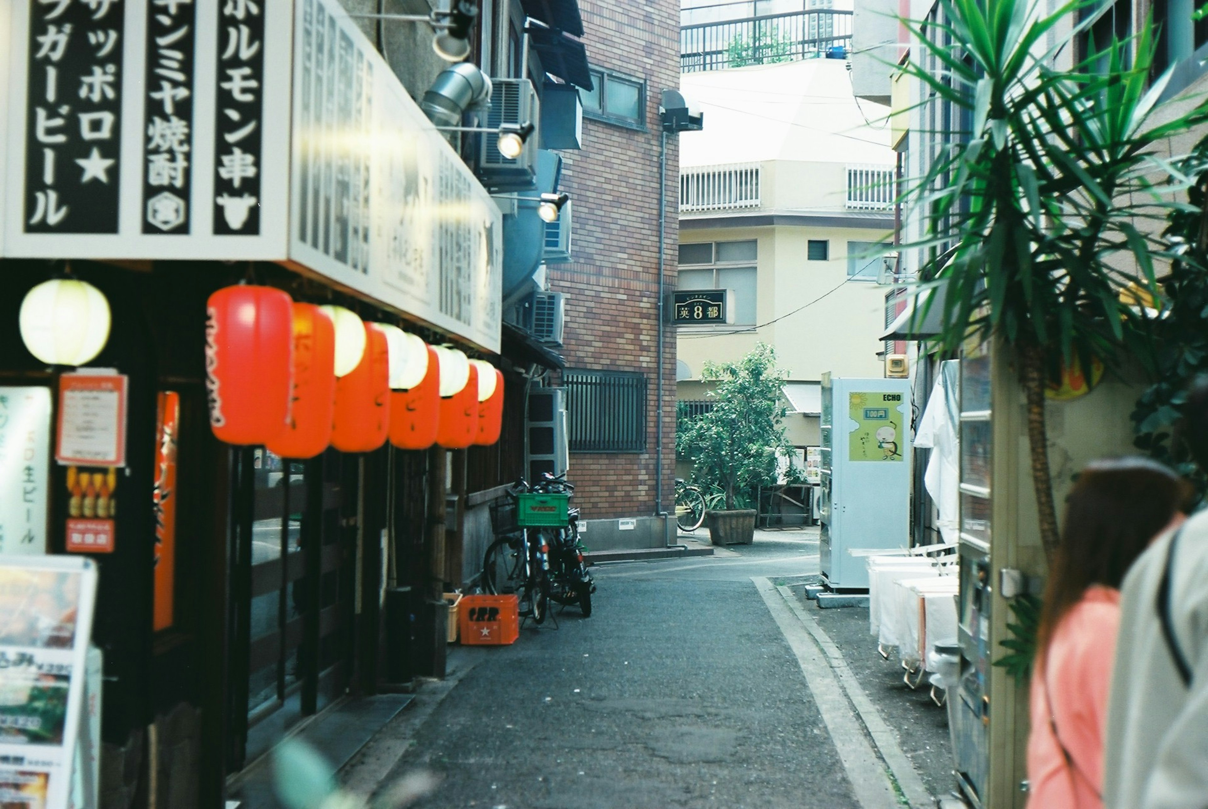 狭い路地に赤い提灯が並ぶ日本の風景