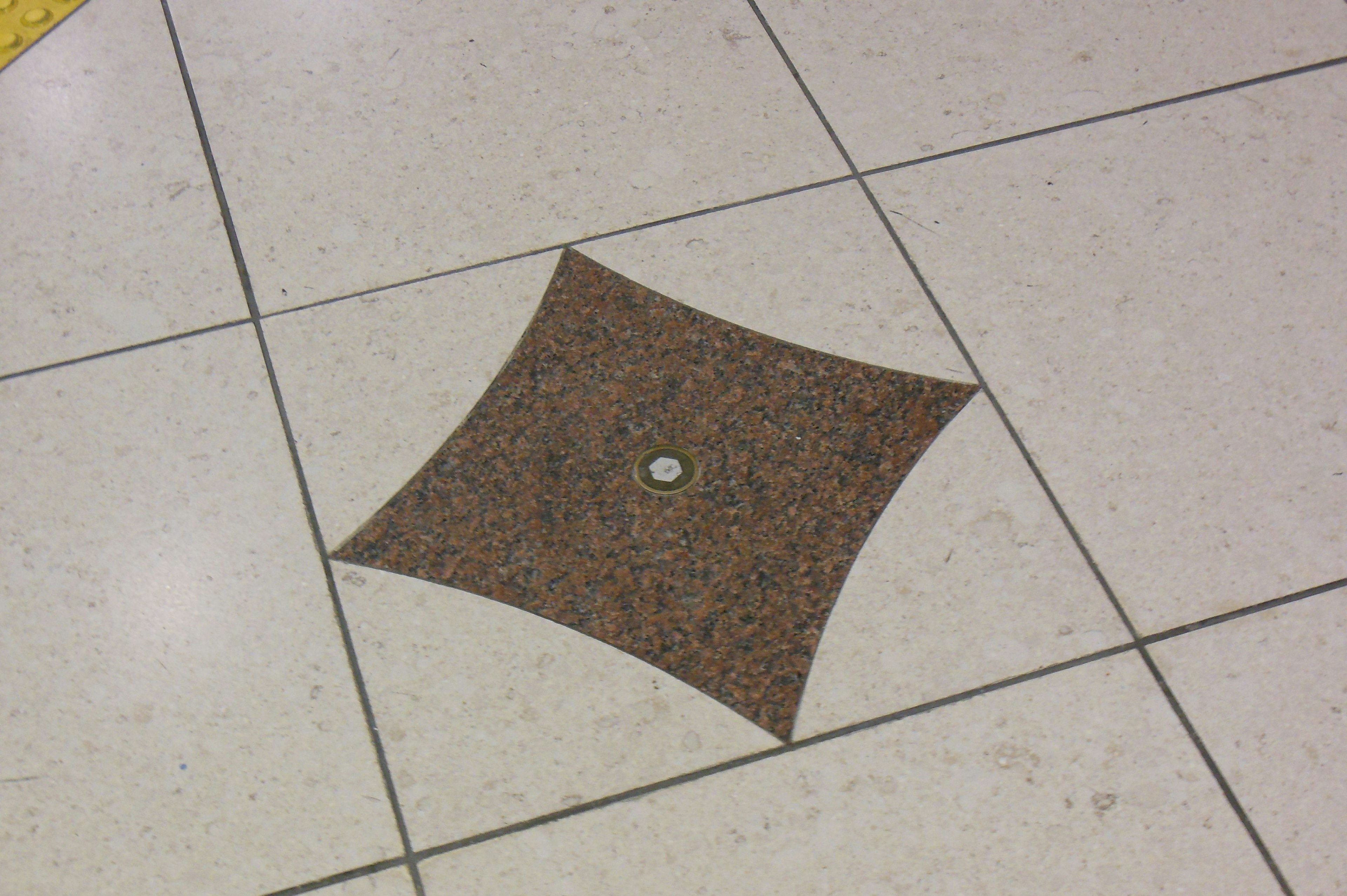 Brown patterned floor design on white tiles