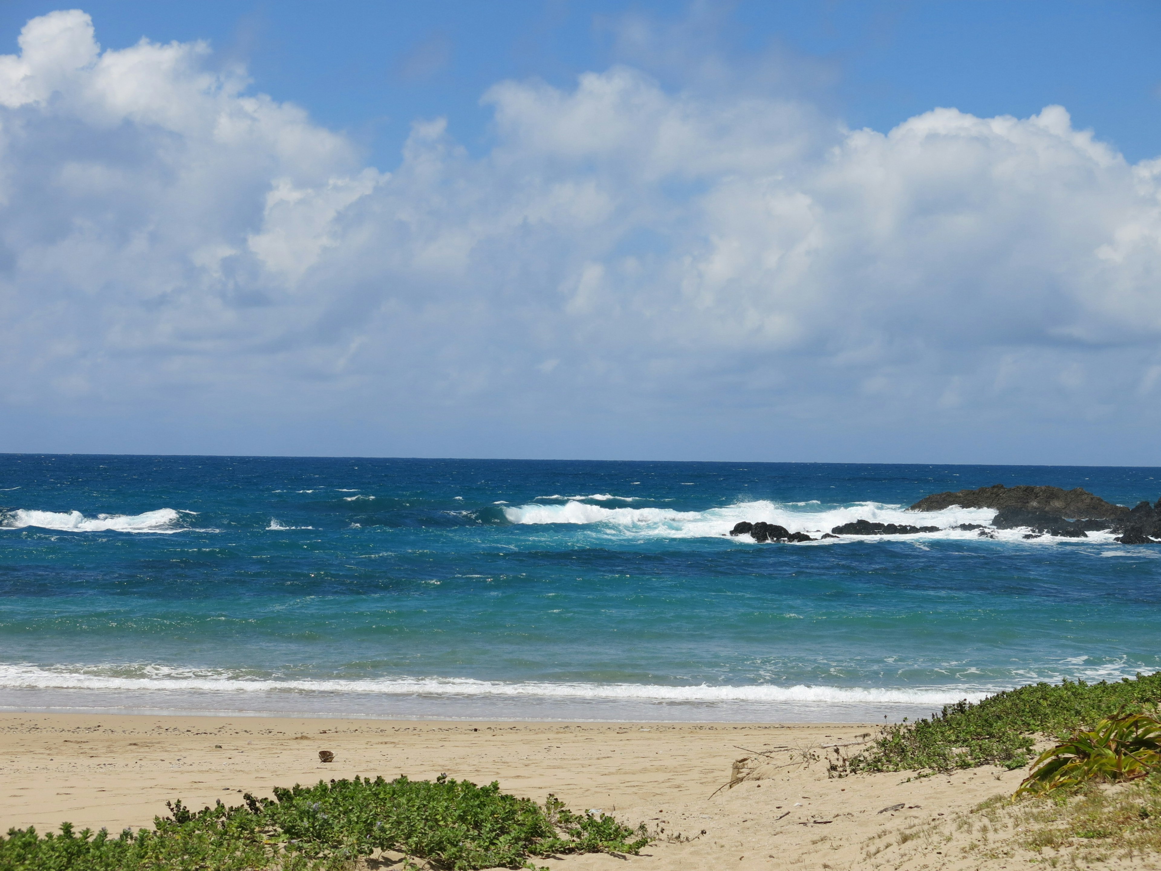 Vista di una spiaggia panoramica con mare blu e onde bianche