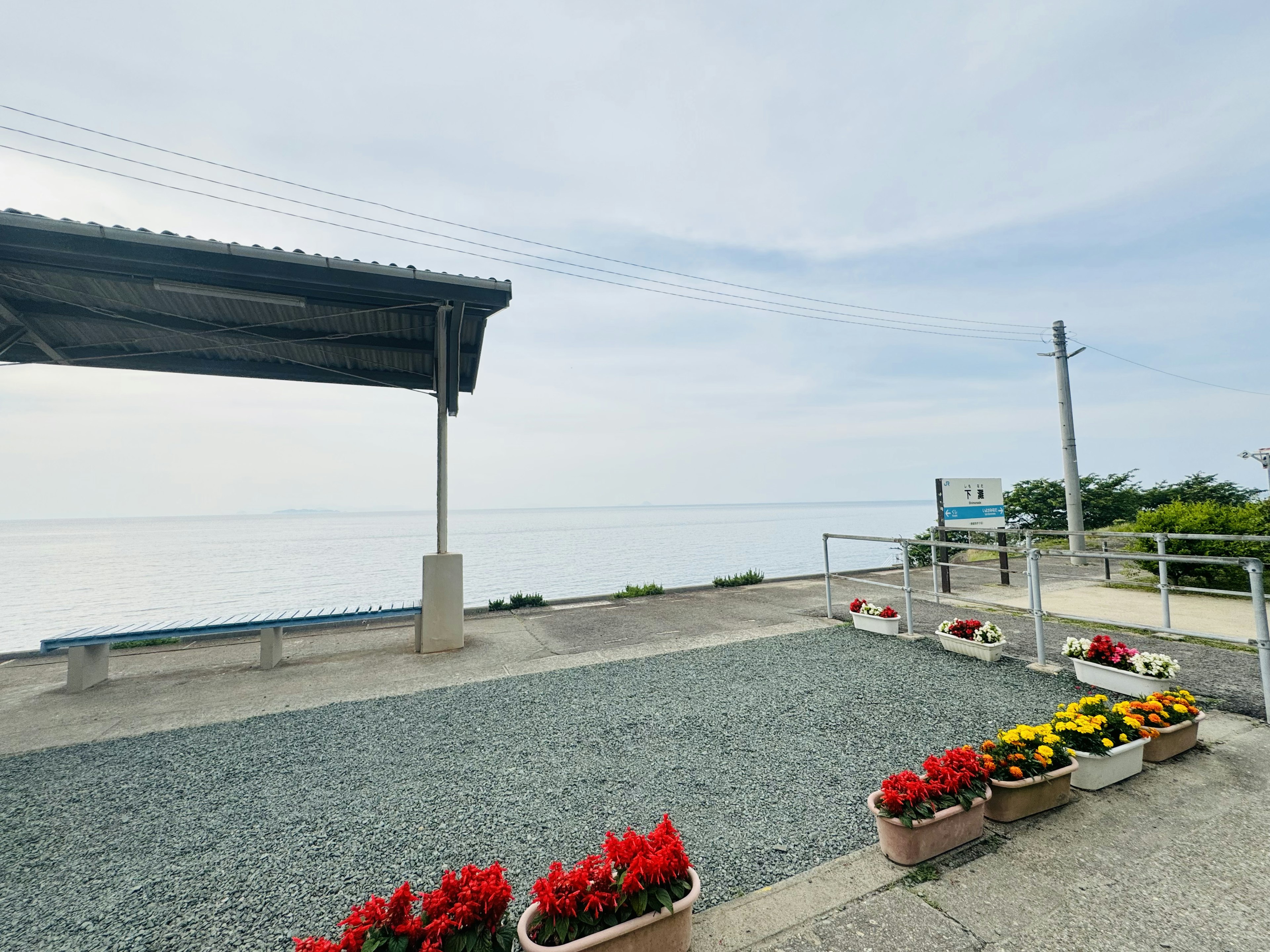 海を見渡す景色に花が飾られた休憩所