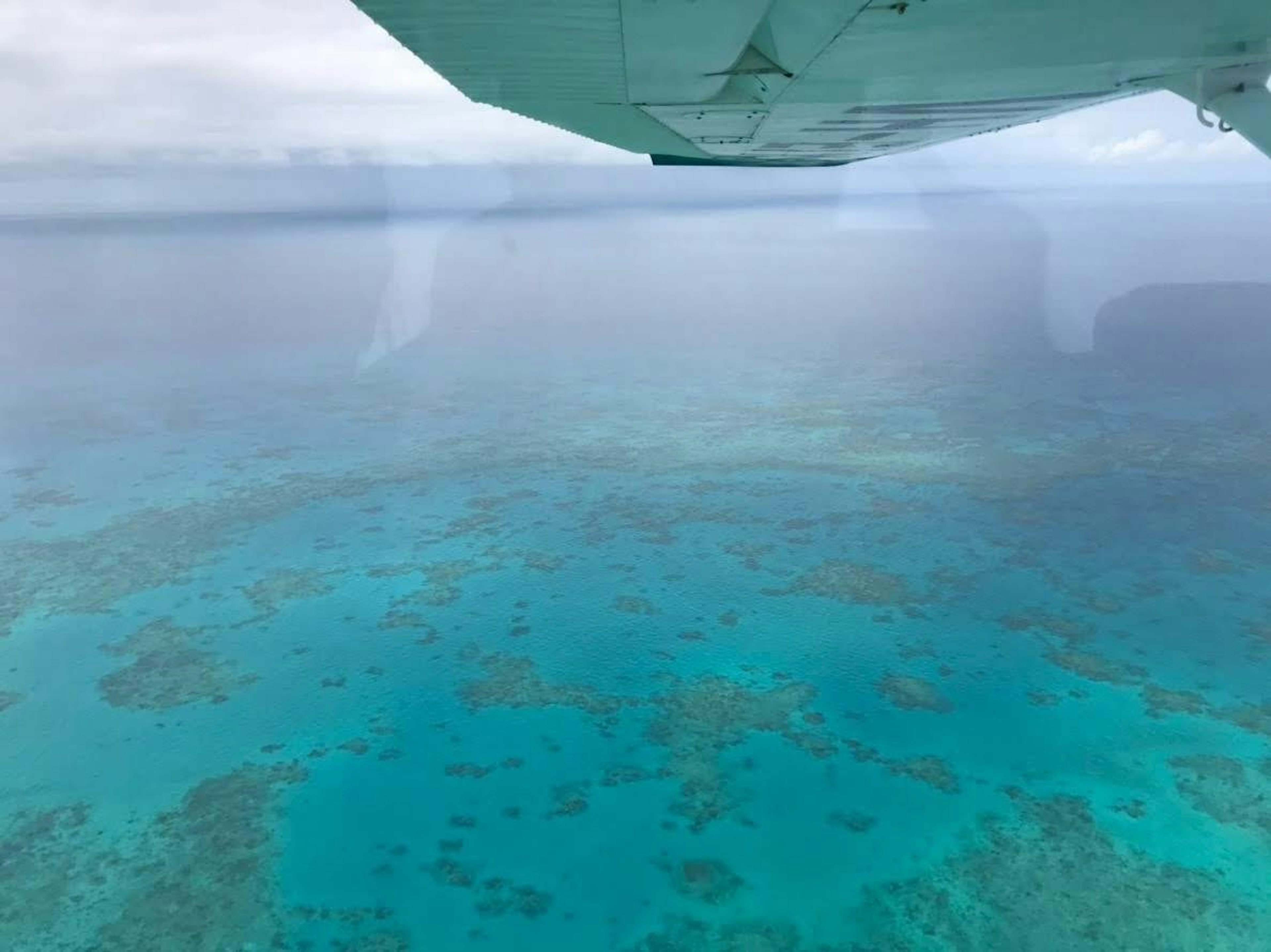 Luftaufnahme von türkisfarbenem Wasser und Korallenriffen aus dem Flugzeugfenster