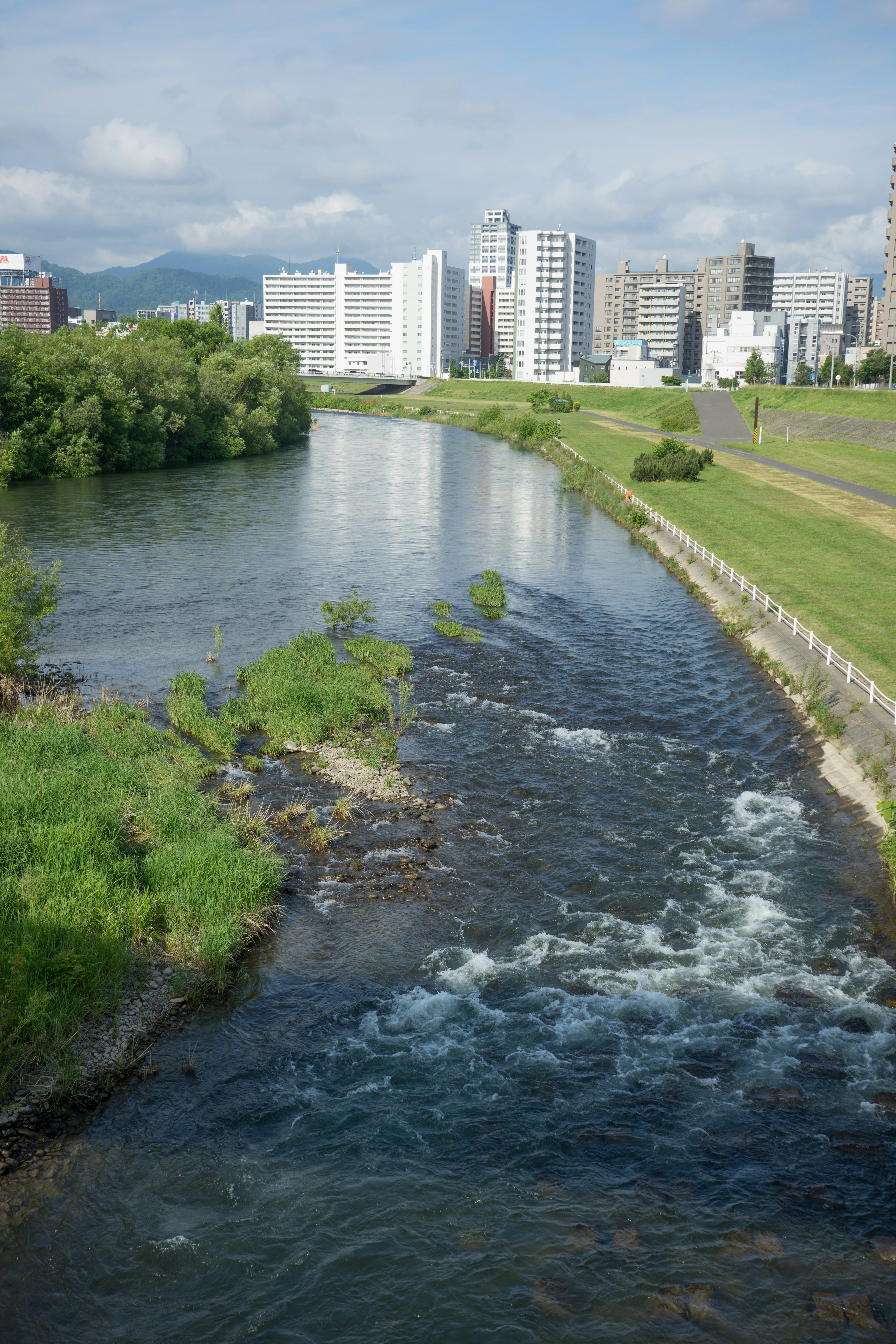 城市風景，有河流和綠色公園