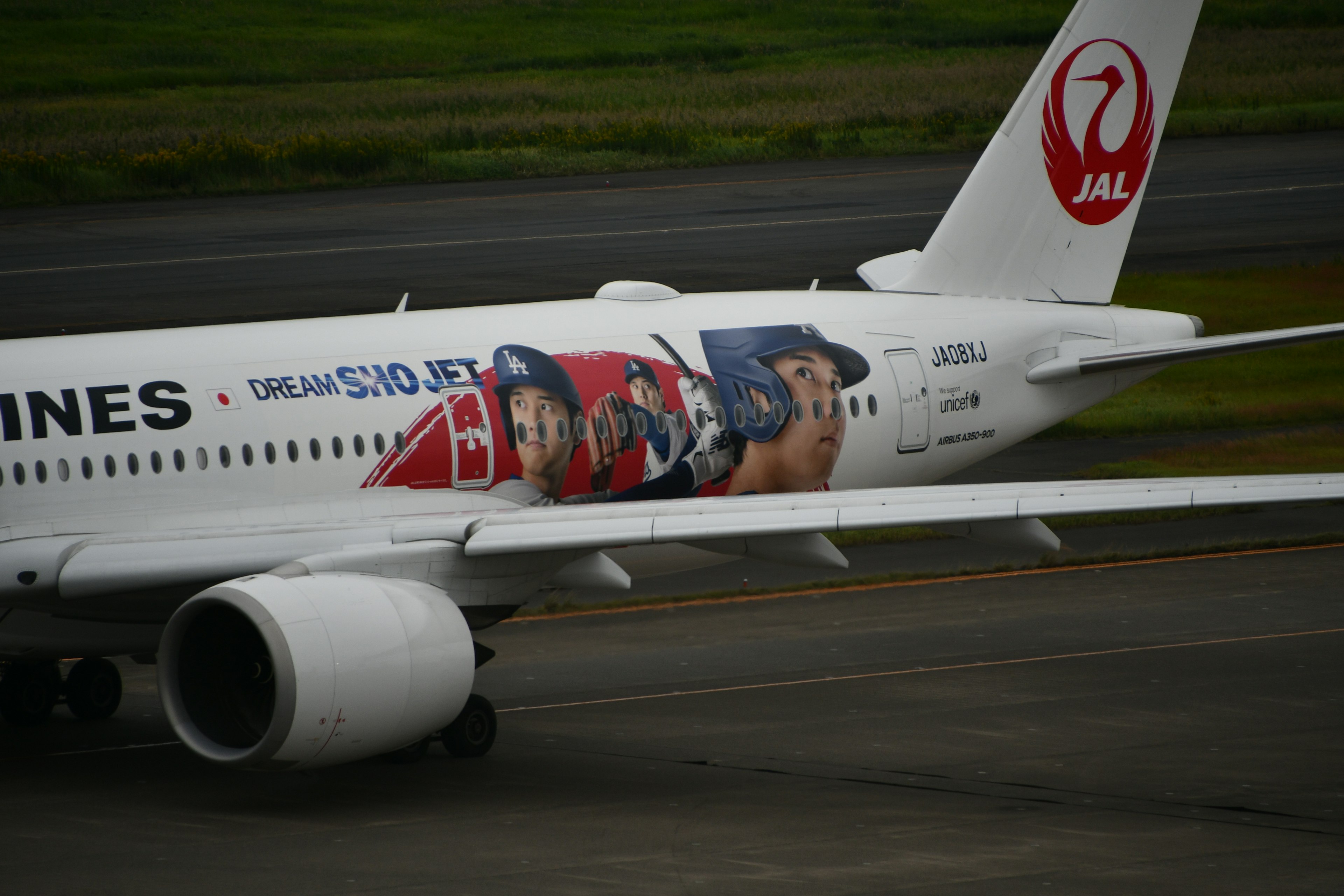 Avión de JAL con publicidad colorida en la cola