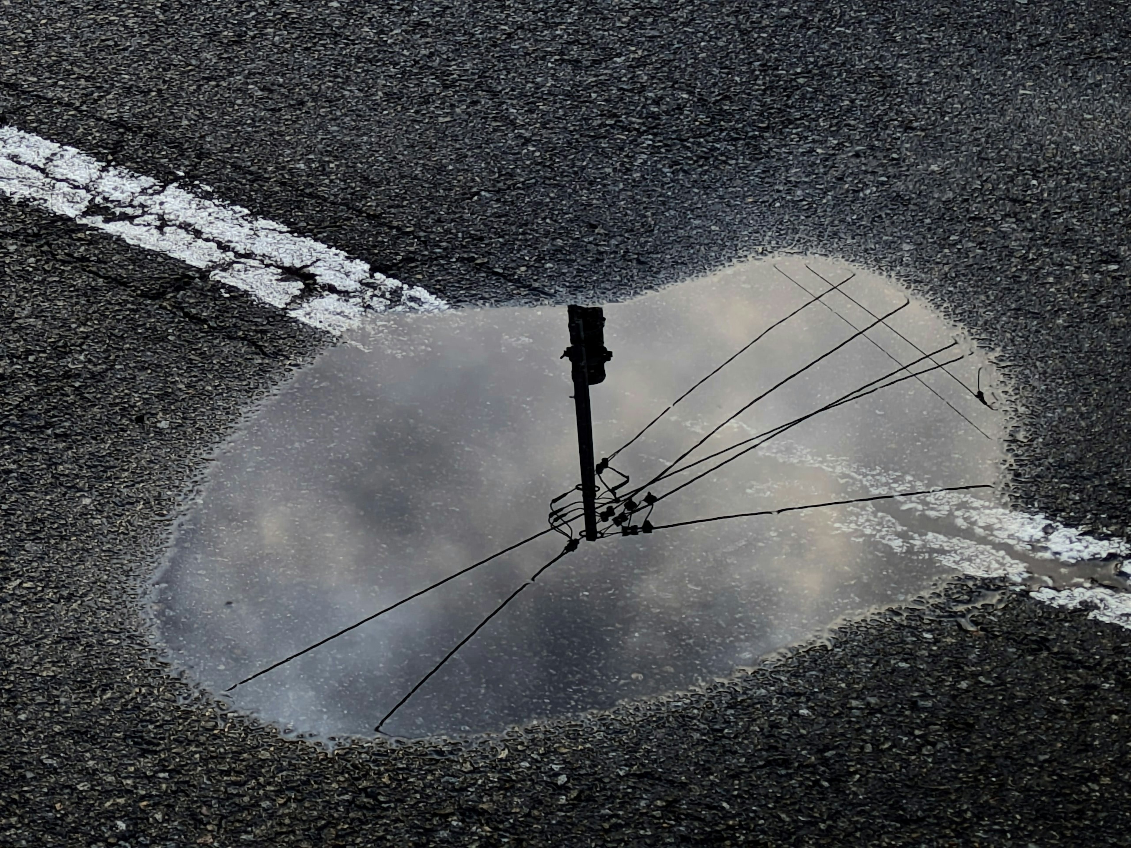 路上的水坑反射天空和電線杆