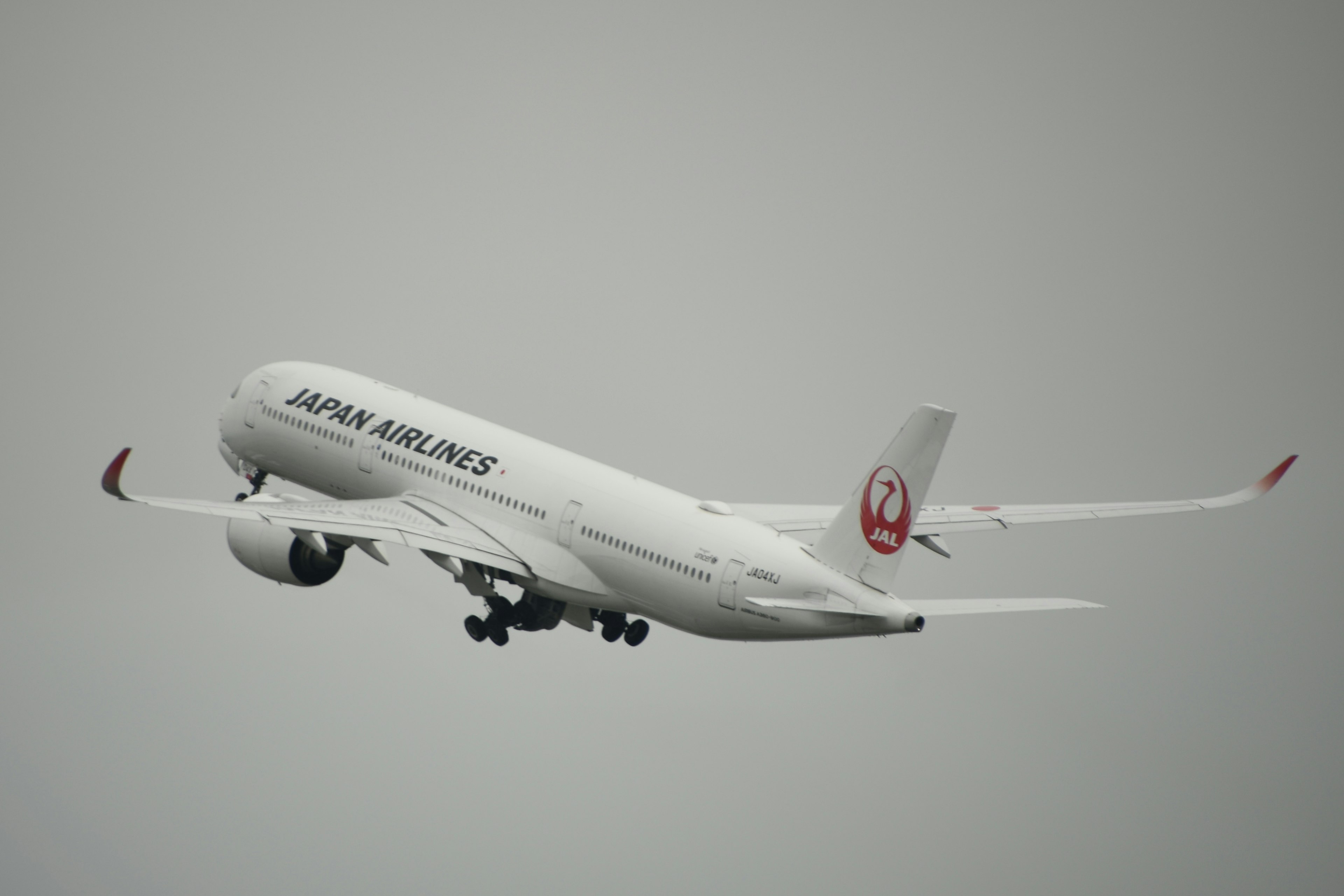 เครื่องบิน Japan Airlines ขึ้นจากท้องฟ้าสีเทา