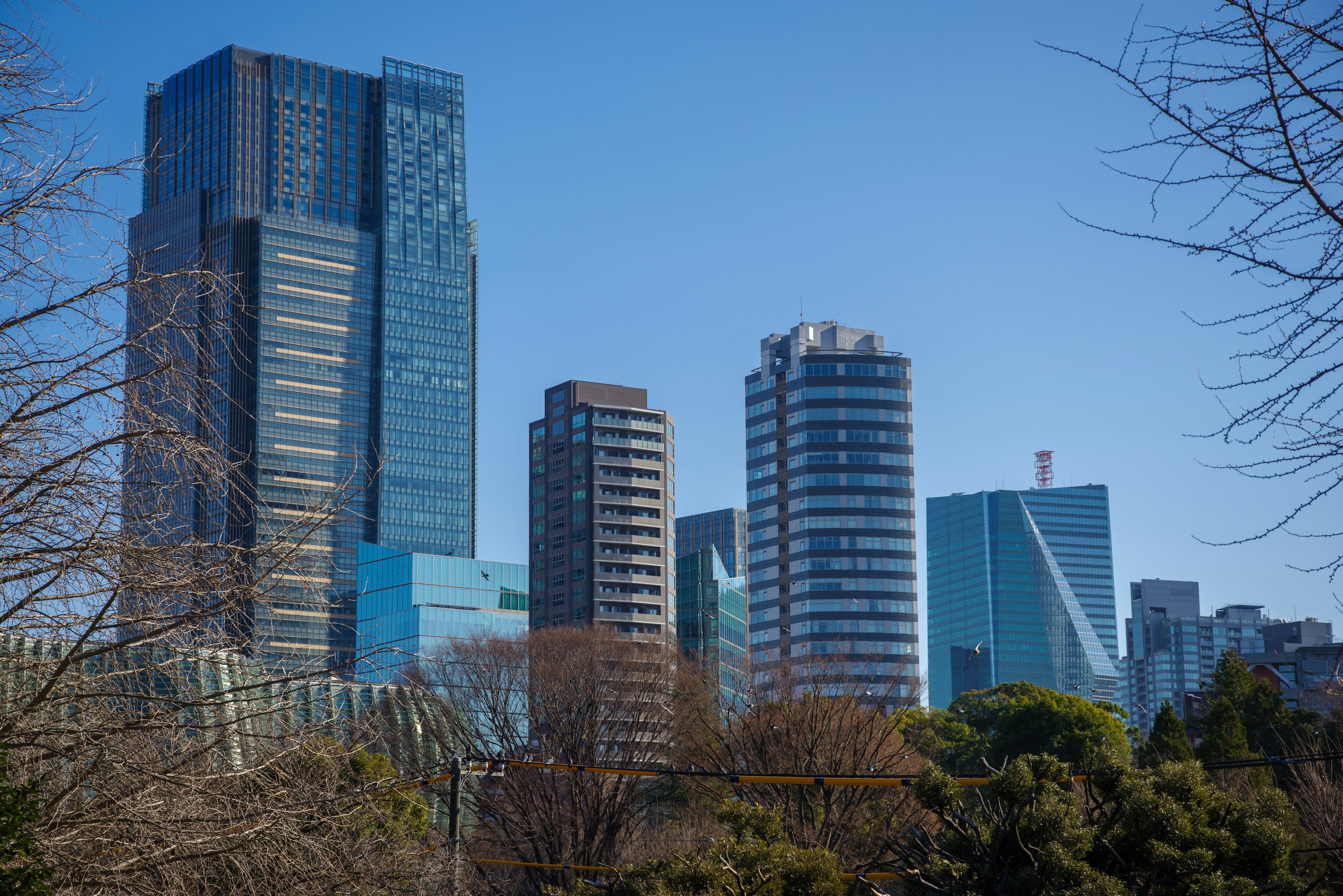 City skyline featuring modern skyscrapers under a clear blue sky