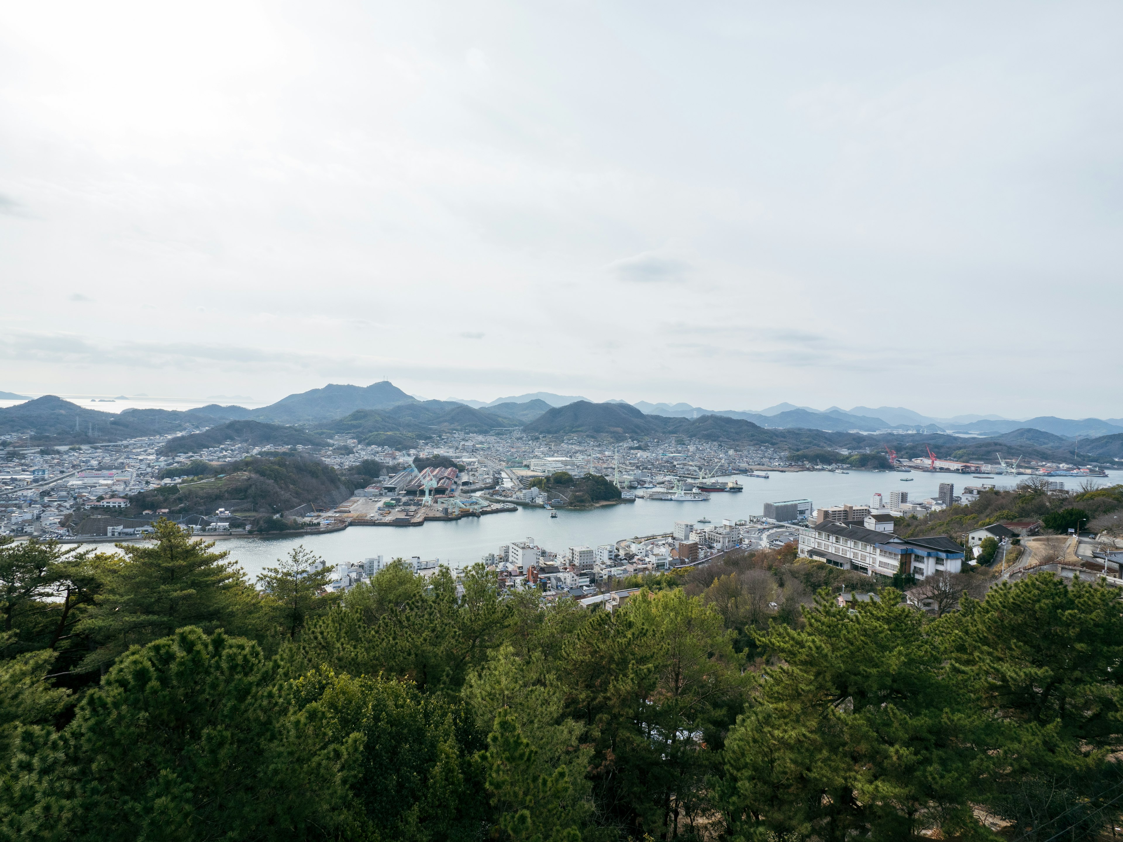 푸른 녹지와 함께 펼쳐진 산과 물의 경치