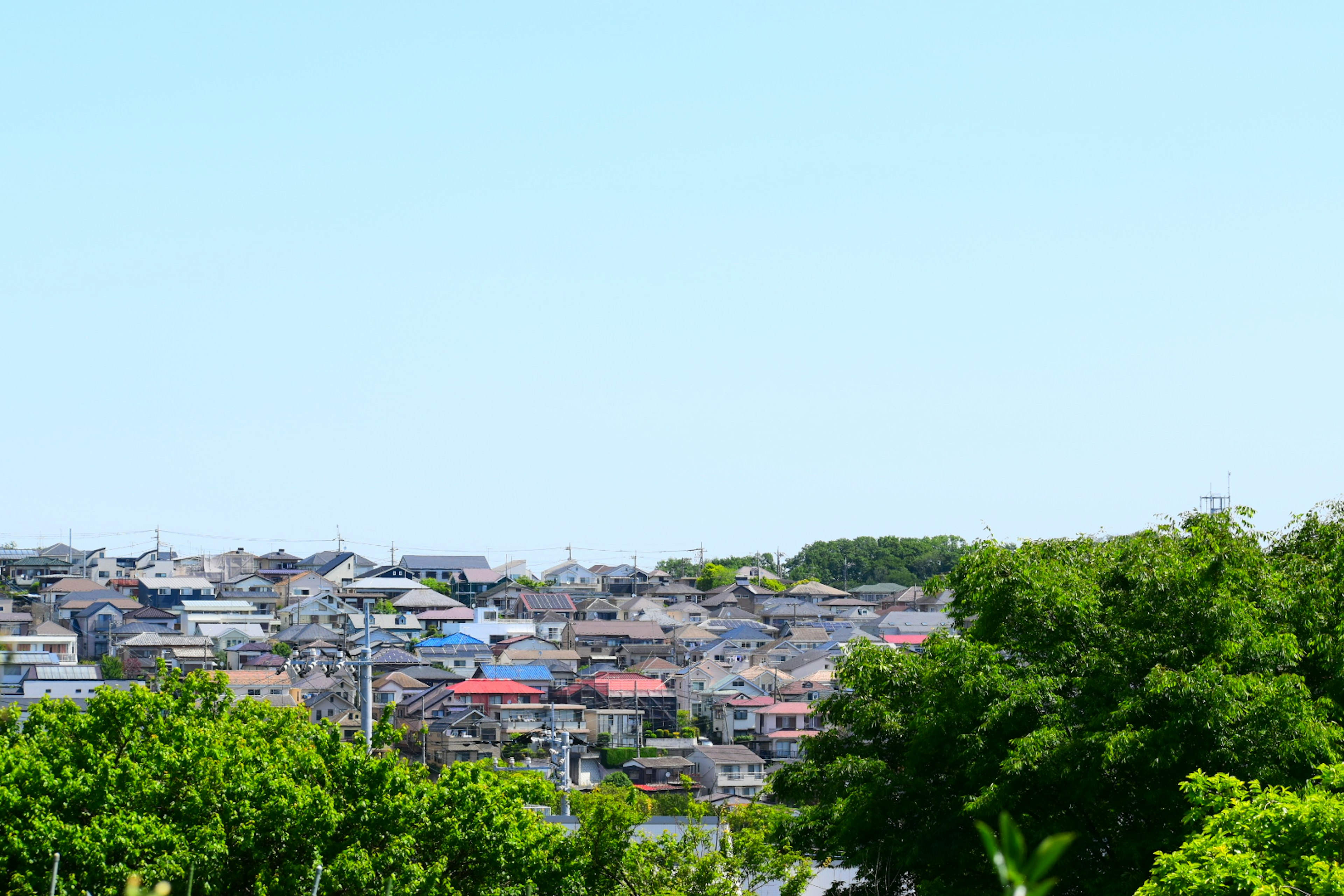 Vista de casas bajo un cielo azul claro con árboles verdes en primer plano